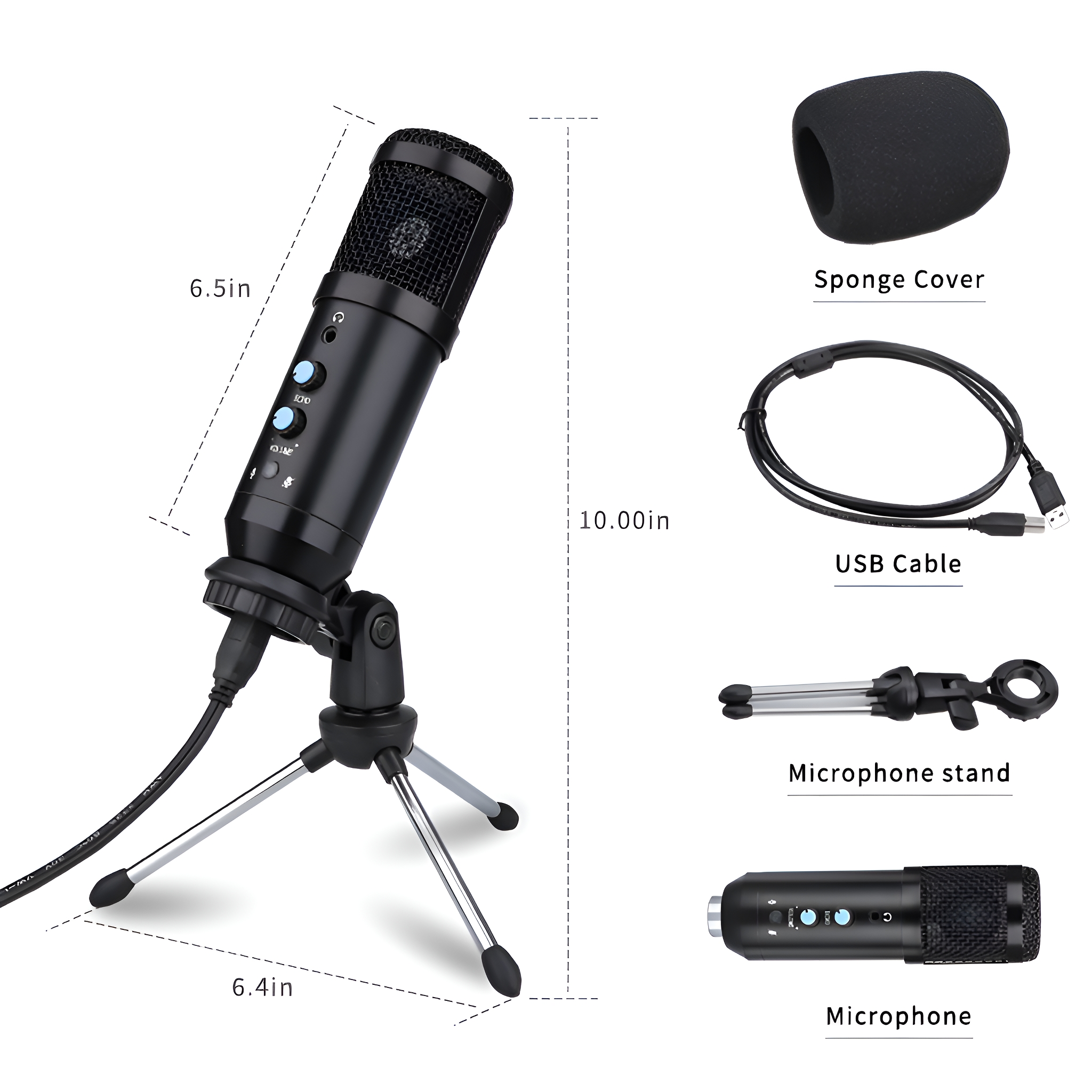 Schwarzes Mikrofon mit Ständer, USB-Kabel und Schwammabdeckung, einschließlich Maßangaben.