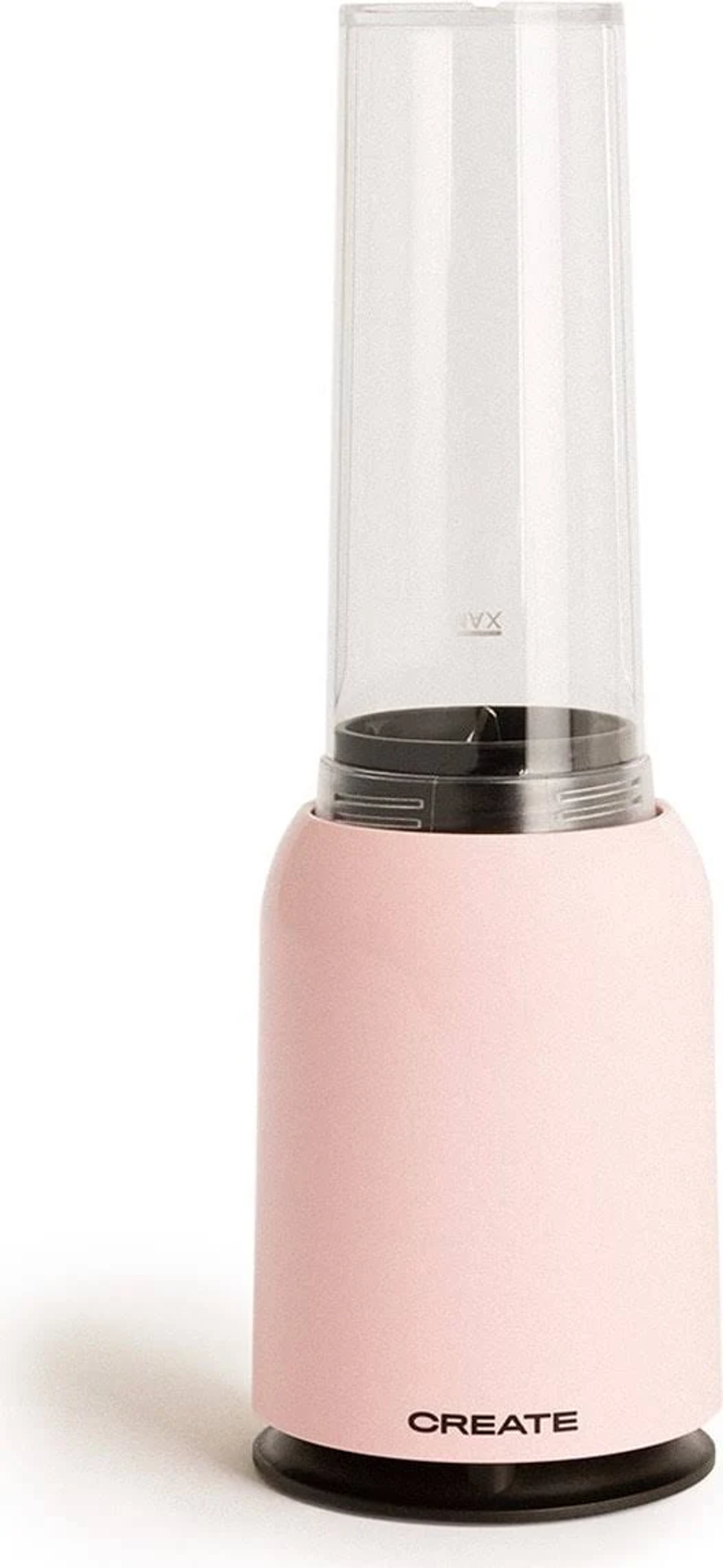 Una licuadora rosa con un recipiente de plástico transparente. La base es negra y la palabra CREATE está impresa.
