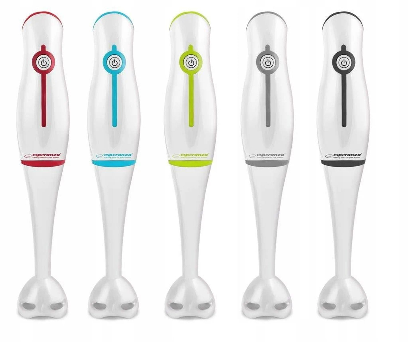 Pięć blenderów ręcznych z białymi korpusami i różnokolorowymi przyciskami zasilania.