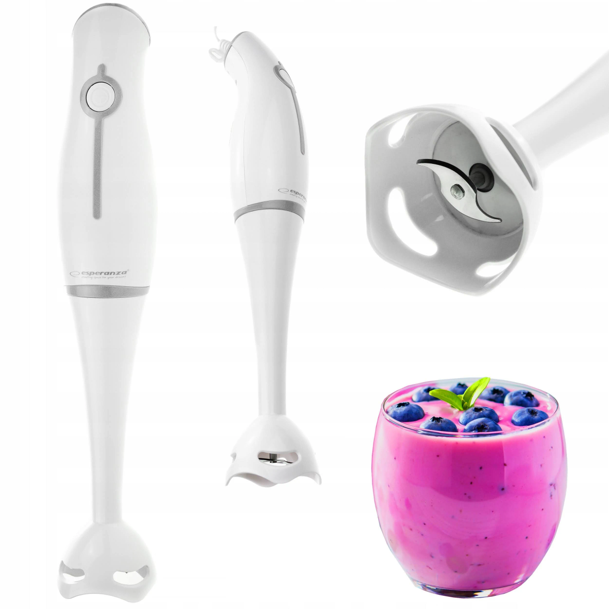 Biały blender ręczny. Pokazuje blender, różne widoki i różowy koktajl z borówkami.