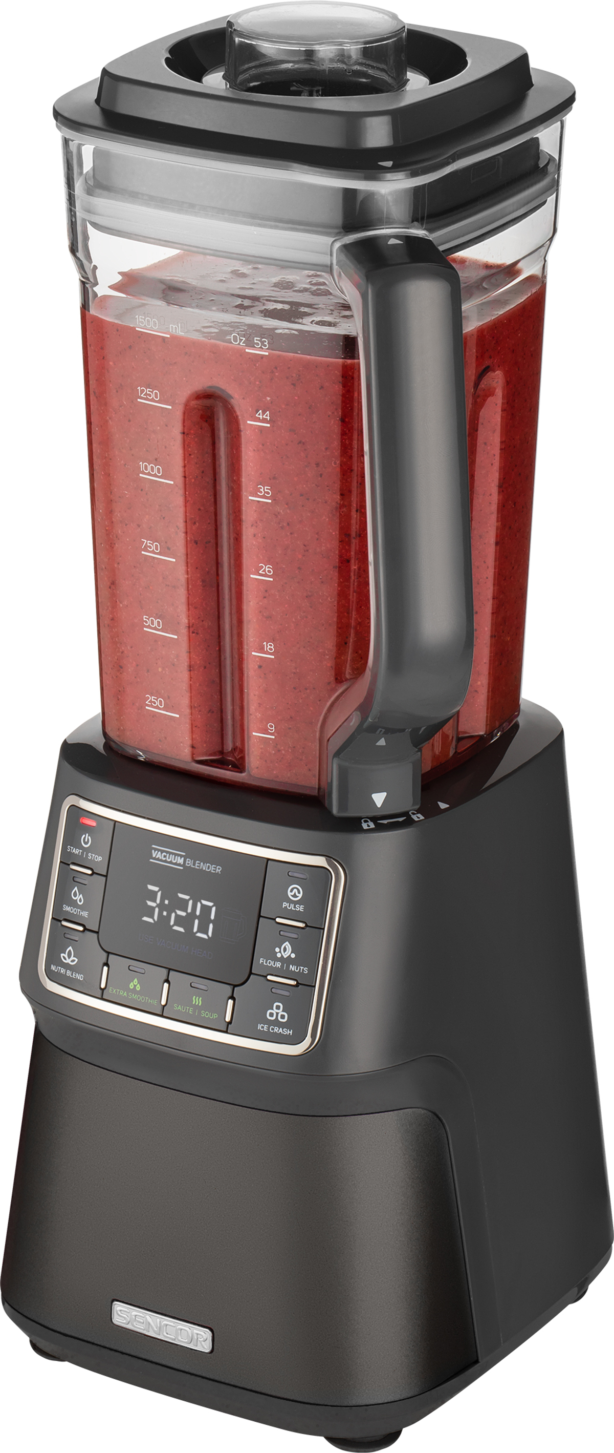 Un frullatore nero con un contenitore trasparente riempito di liquido rosso. Ha un display digitale e pulsanti.