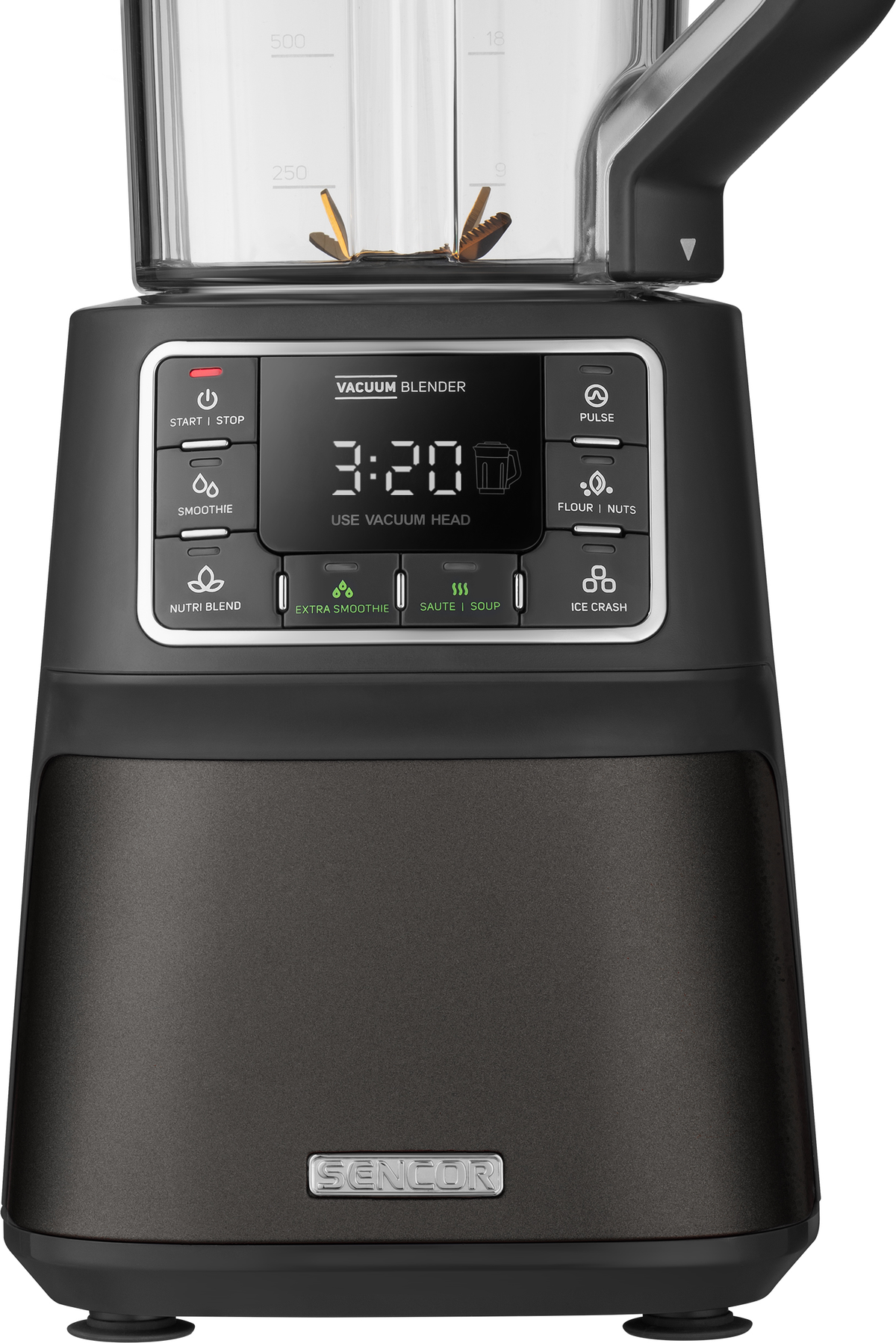 Un frullatore nero con un display digitale che mostra 3:20 e vari pulsanti funzione.