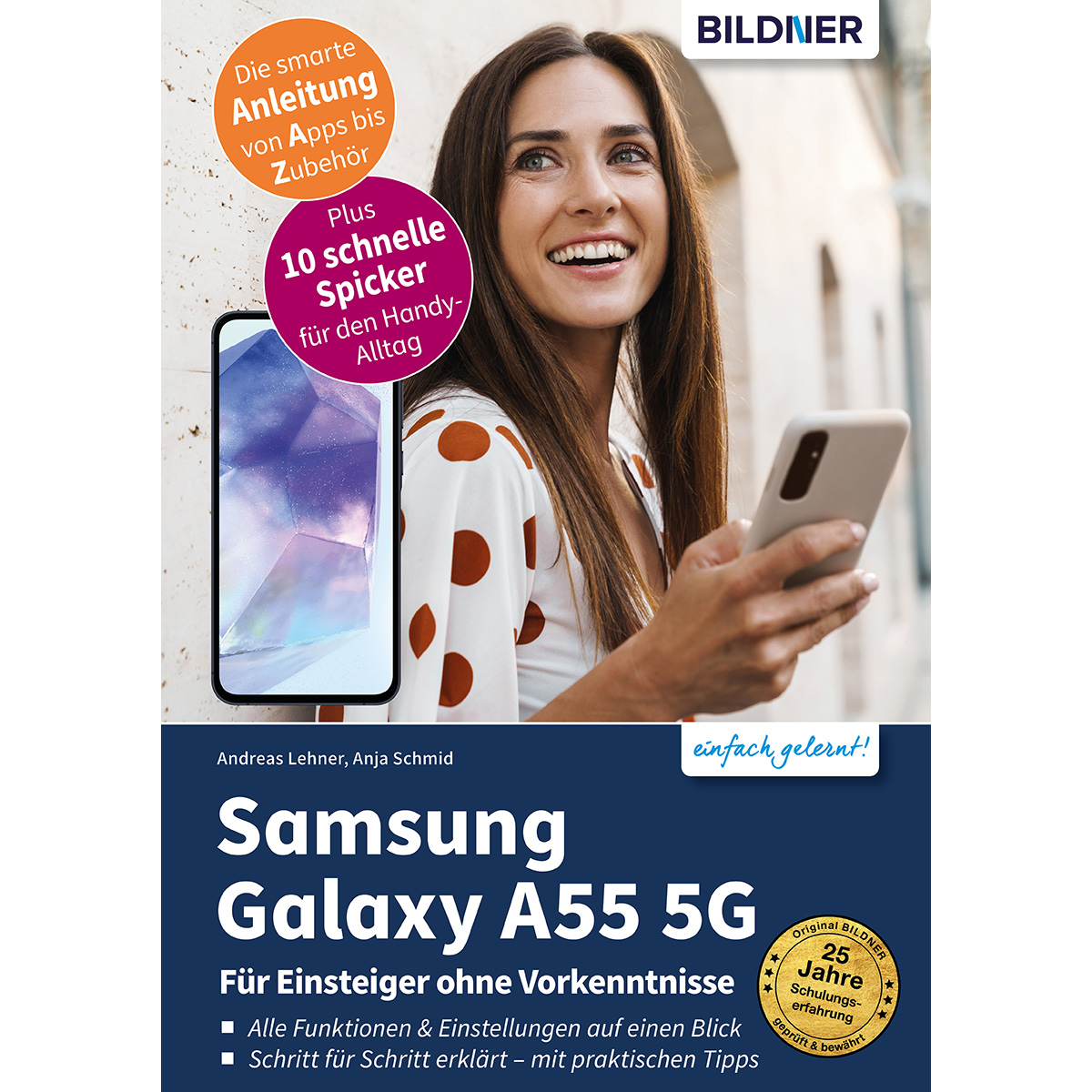 Ein Buchcover mit einer Frau, die ein Smartphone hält. Text ist auf Deutsch. Das Buch handelt von Samsung Galaxy A55 5G.