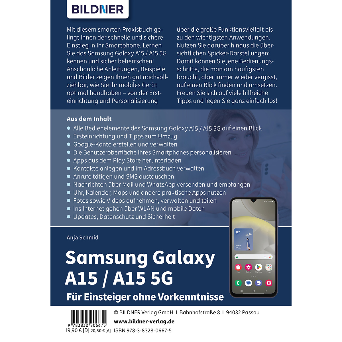Buchcover: Samsung Galaxy A15/A15 5G. Enthält Inhaltsverzeichnis, Telefonbild und Autoreninformationen.