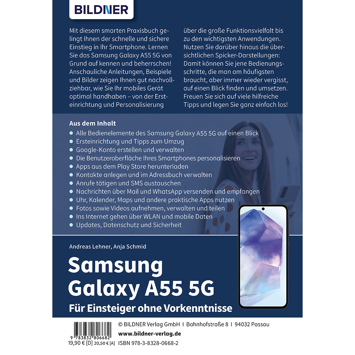 Buchcover mit Text über das Samsung Galaxy A55 5G-Telefon.