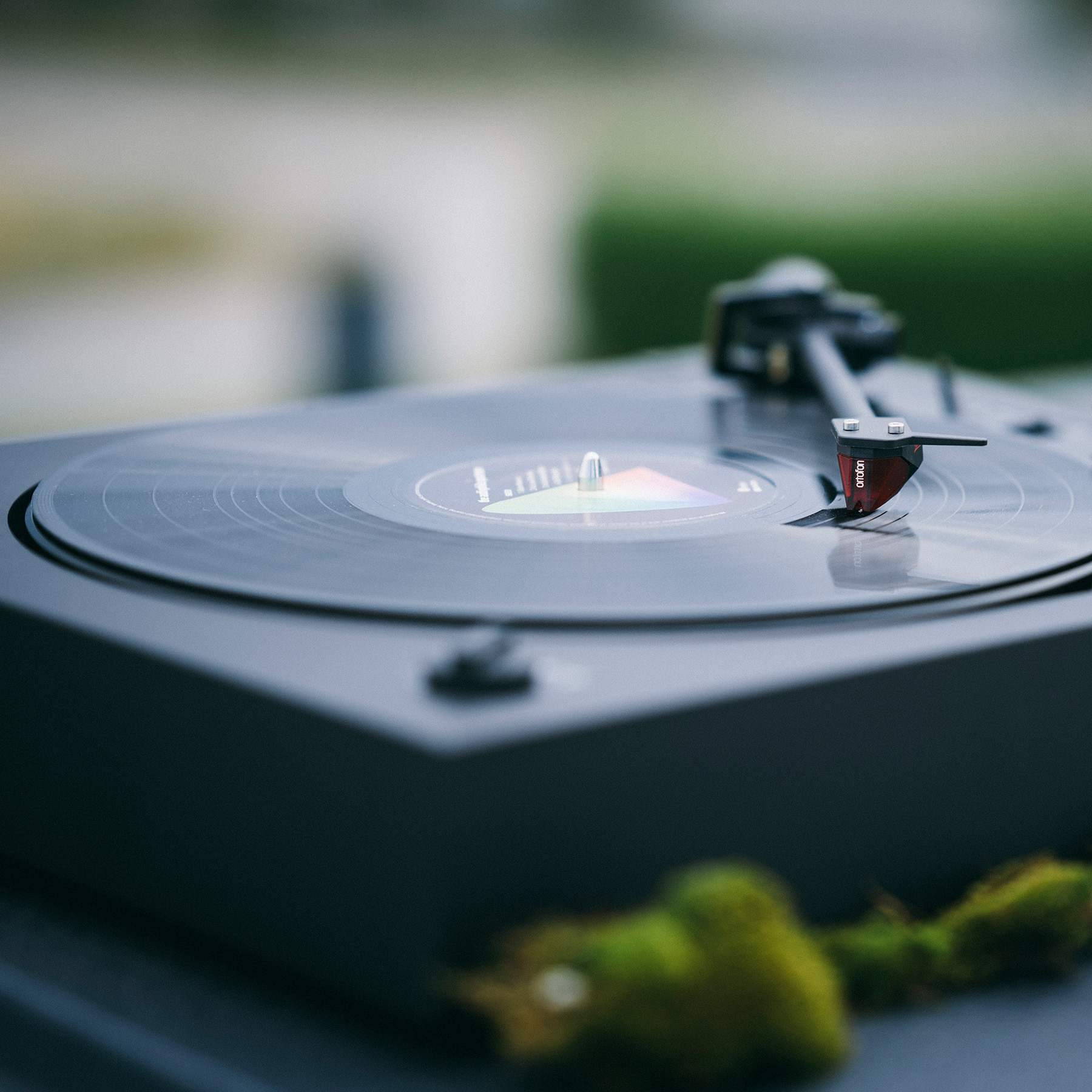 Gramofon z odtwarzaną płytą. Ramię jest opuszczone. Zielony mech na pierwszym planie.