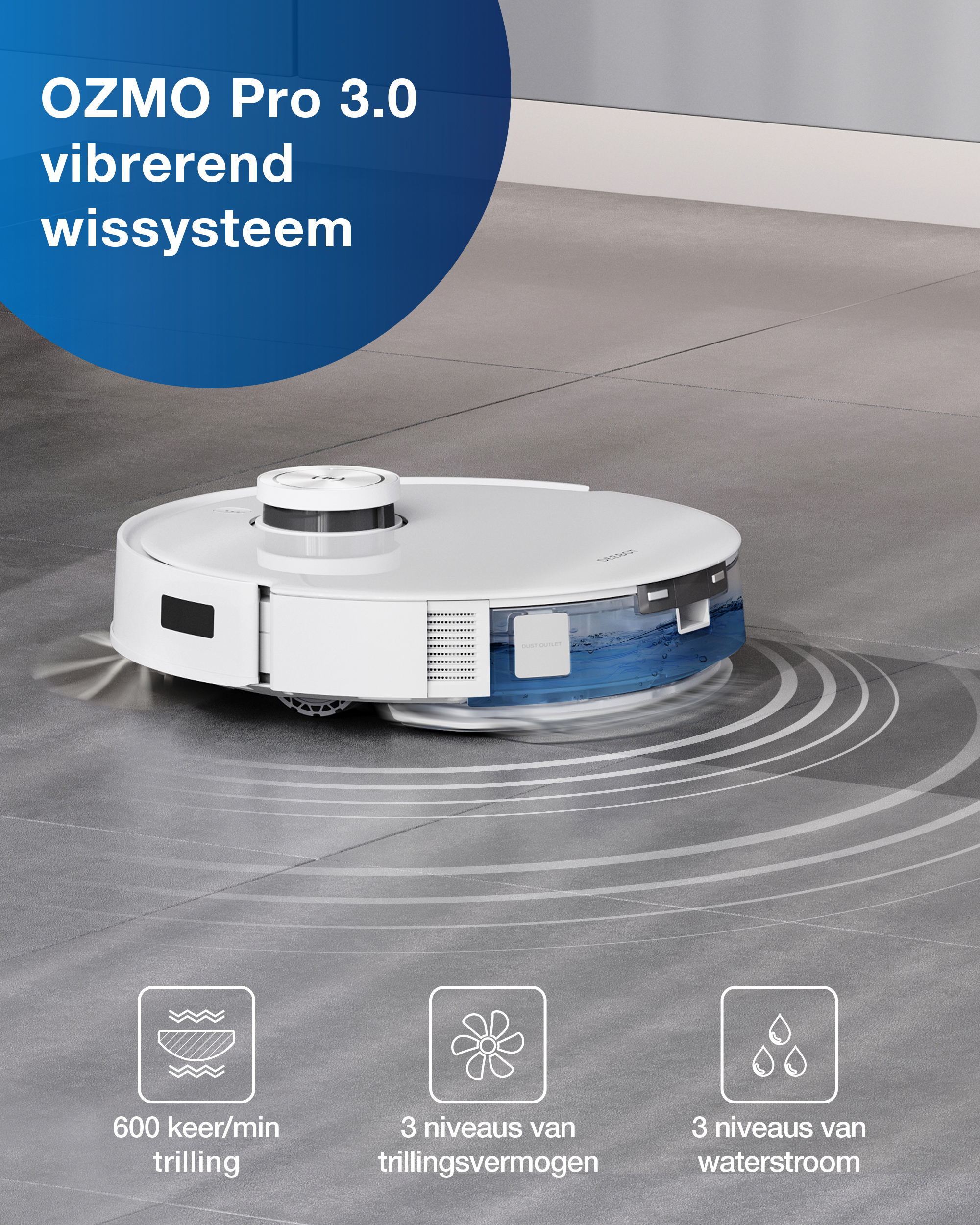 Ein weißer Roboter-Staubsauger mit Text, der Funktionen und Spezifikationen angibt.