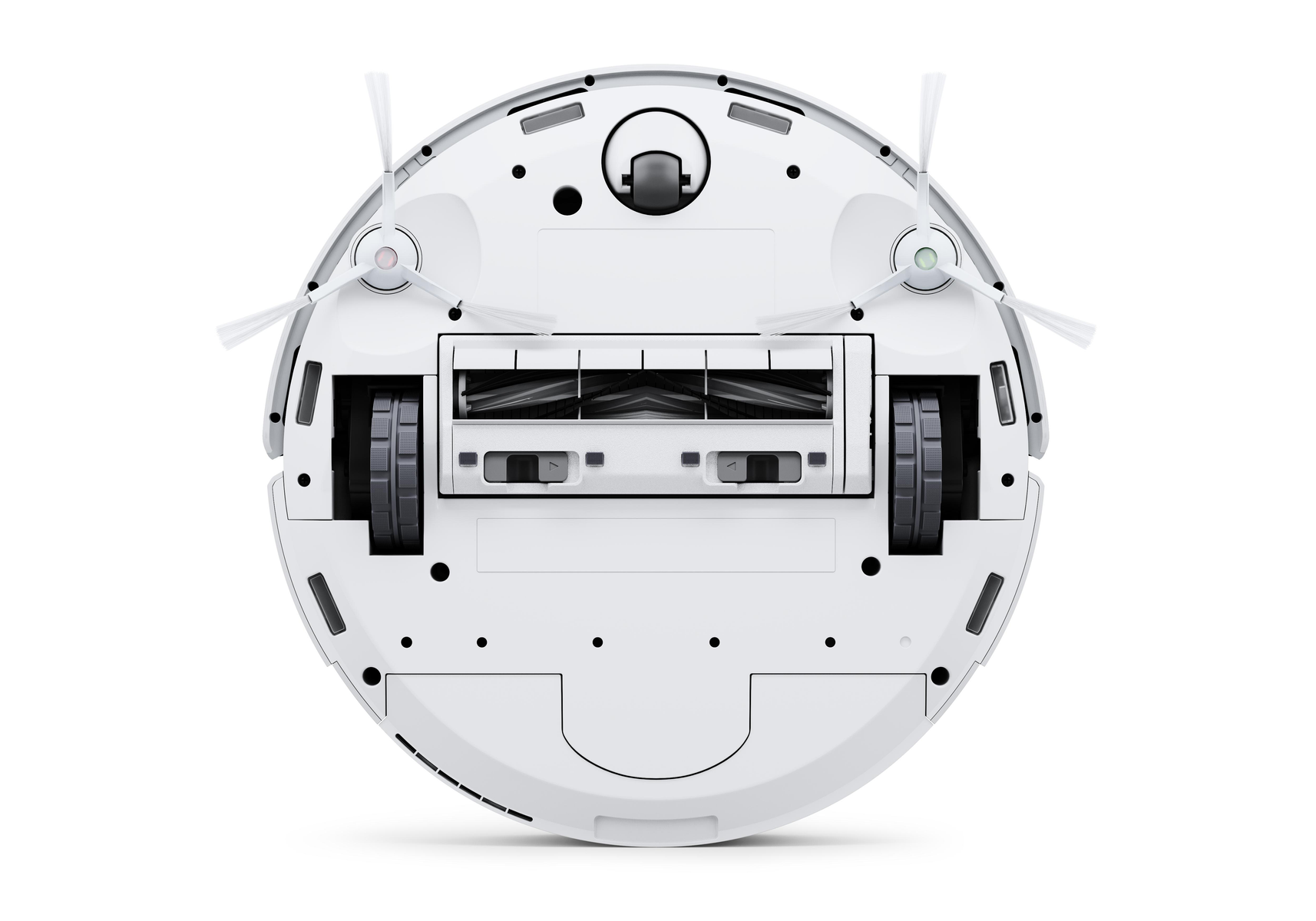 Roboter-Staubsauger, Unteransicht, zeigt Bürsten, Räder und Ladekontakte.