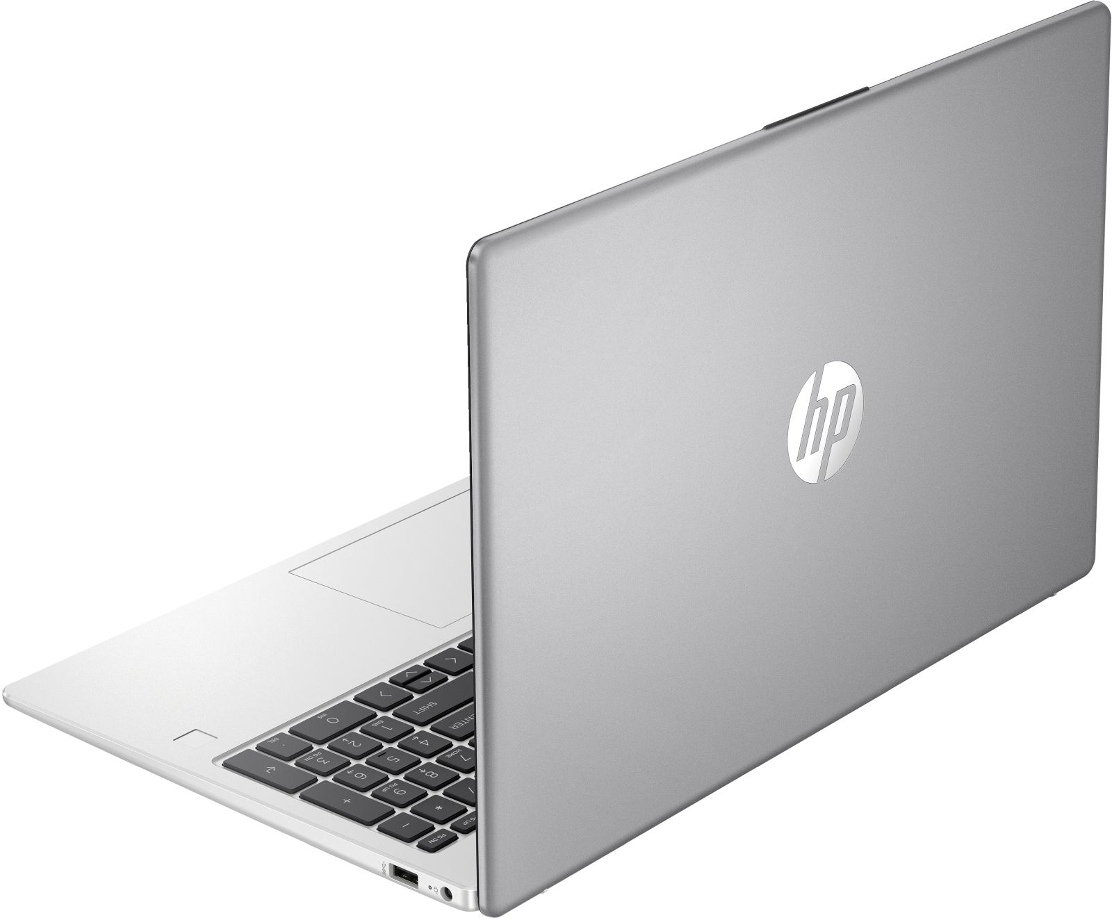 Silberner Laptop, leicht geöffnet, Rückansicht. HP-Logo sichtbar. Weißer Hintergrund.