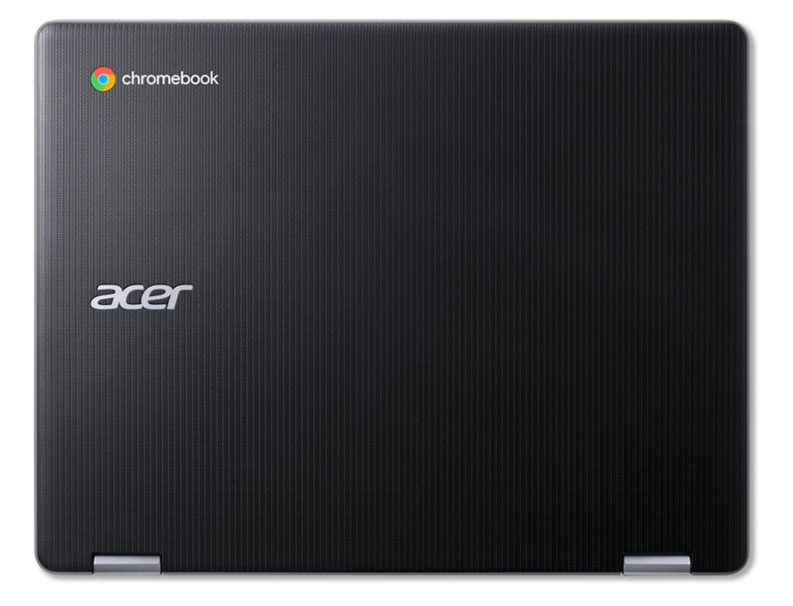 Laptop Acer Chromebook. Widok z góry, czarny z teksturowaną powierzchnią i widoczne logo chrome.