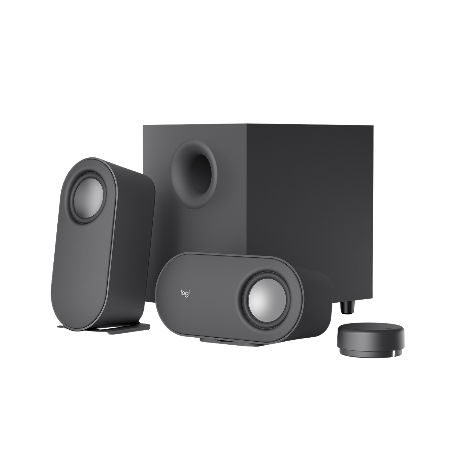 Ciemnoszary system głośników z dwoma głośnikami satelitarnymi, subwooferem i pilotem.