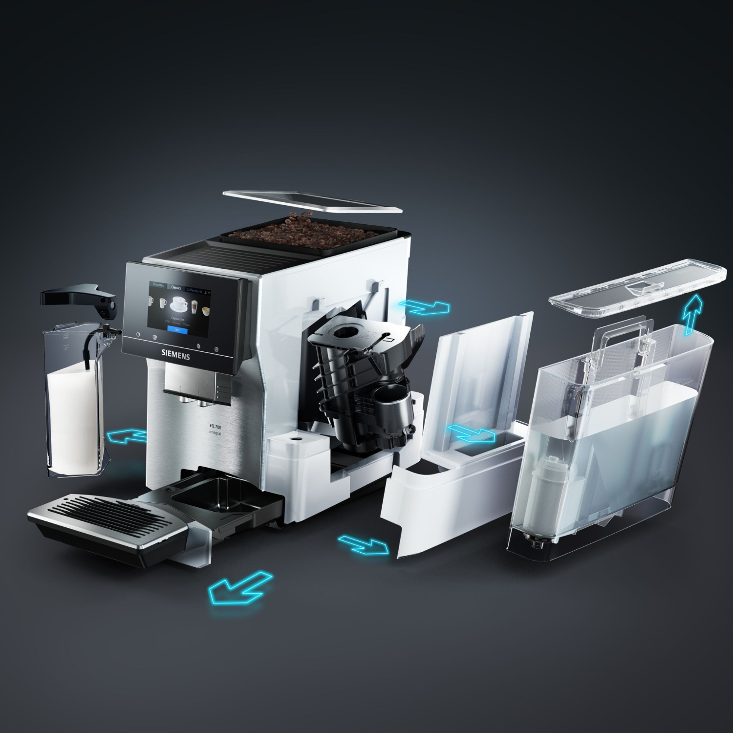 Macchina da caffè bianca scomposta con componenti separati, frecce indicano l'assemblaggio. Logo Siemens visibile.