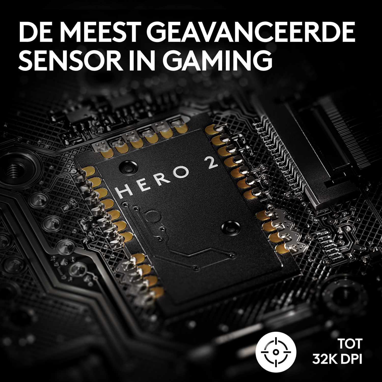 Zbliżenie czarnego chipa z napisem 'HERO 2' i żółtymi elementami na płytce.