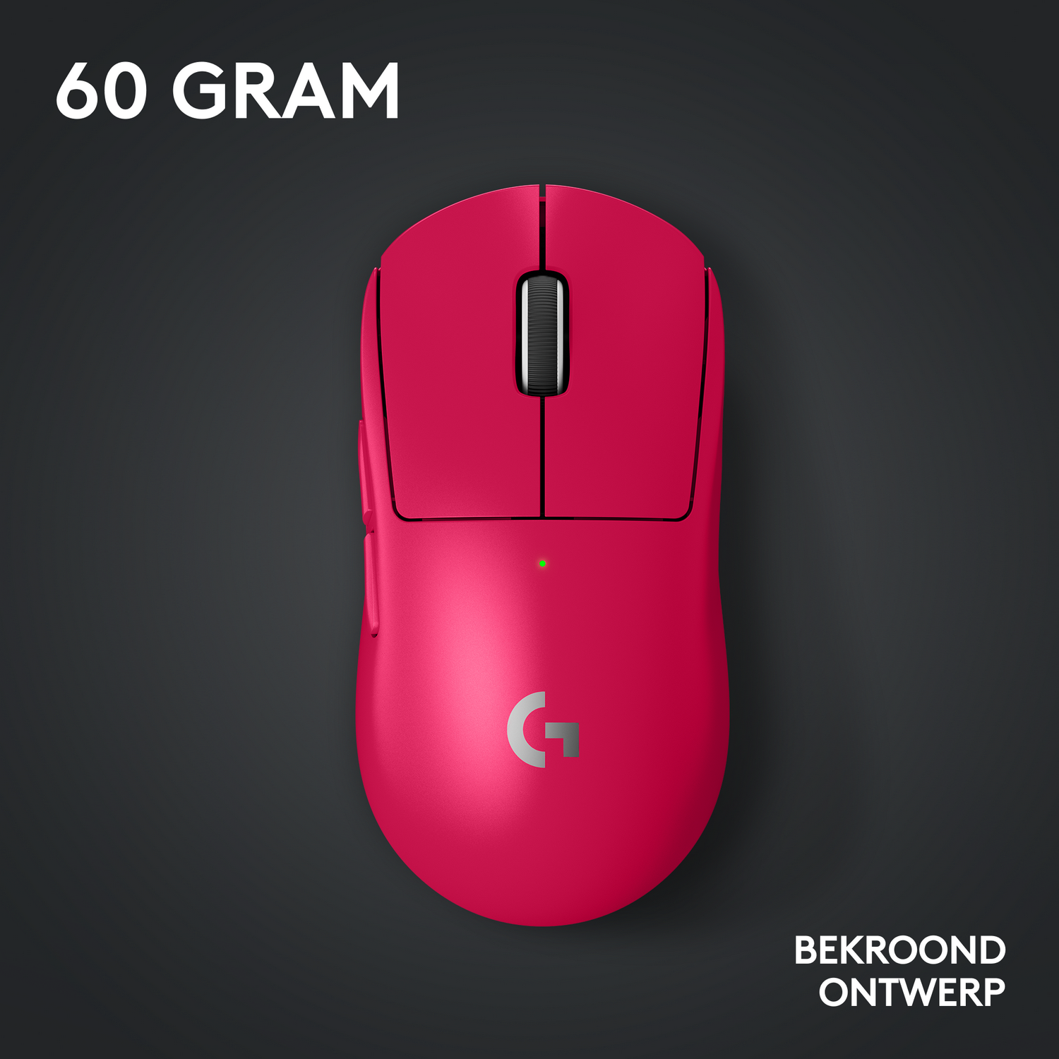 Różowa mysz Logitech na ciemnoszarym tle. Tekst: 60 GRAM. Tekst: Bekroond Ontwerp.