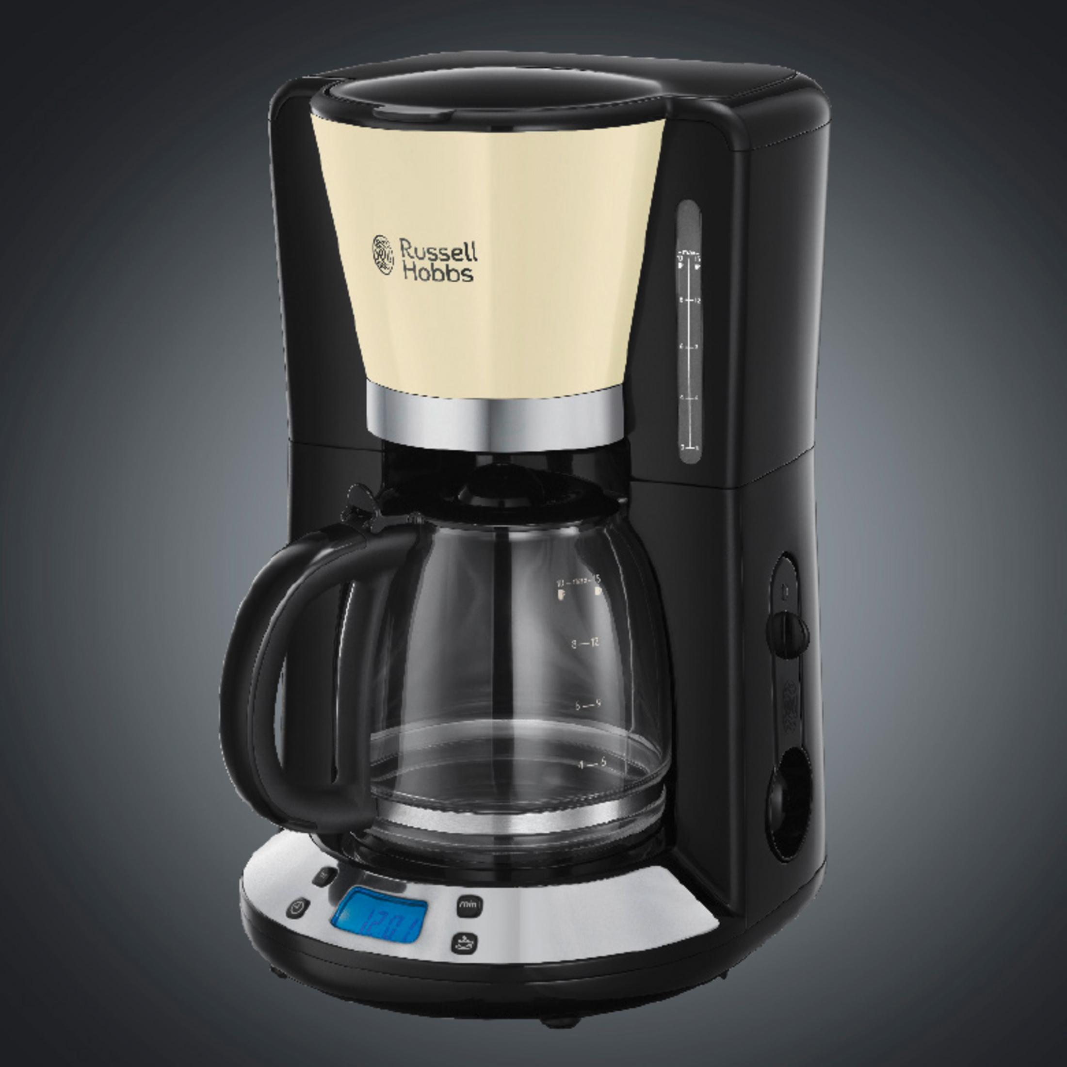 Czarny i kremowy ekspres do kawy. Szklany dzbanek, wyświetlacz cyfrowy i przyciski. Marka Russell Hobbs.