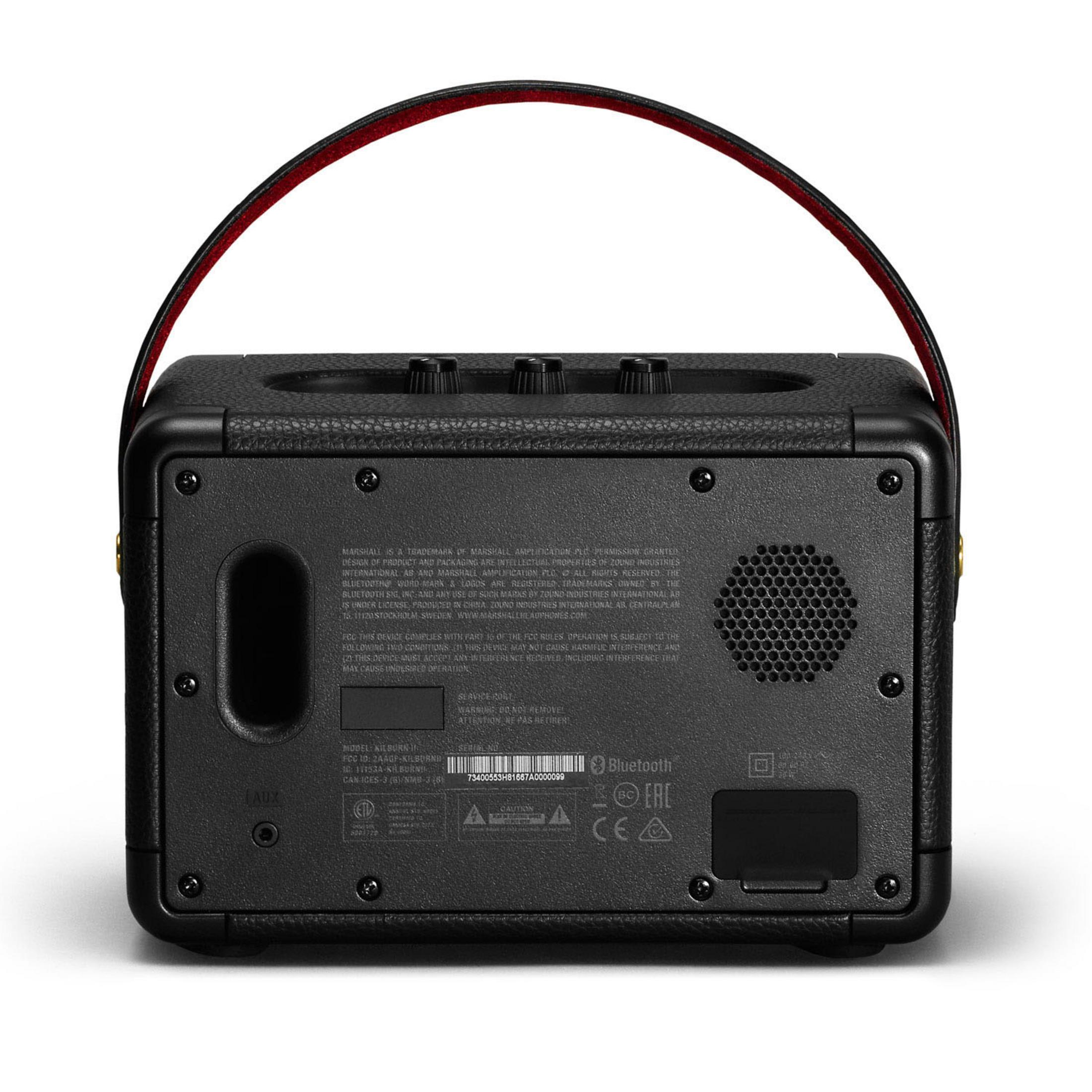 Schwarzer Marshall Bluetooth-Lautsprecher mit rotem Griff. Rückansicht.
