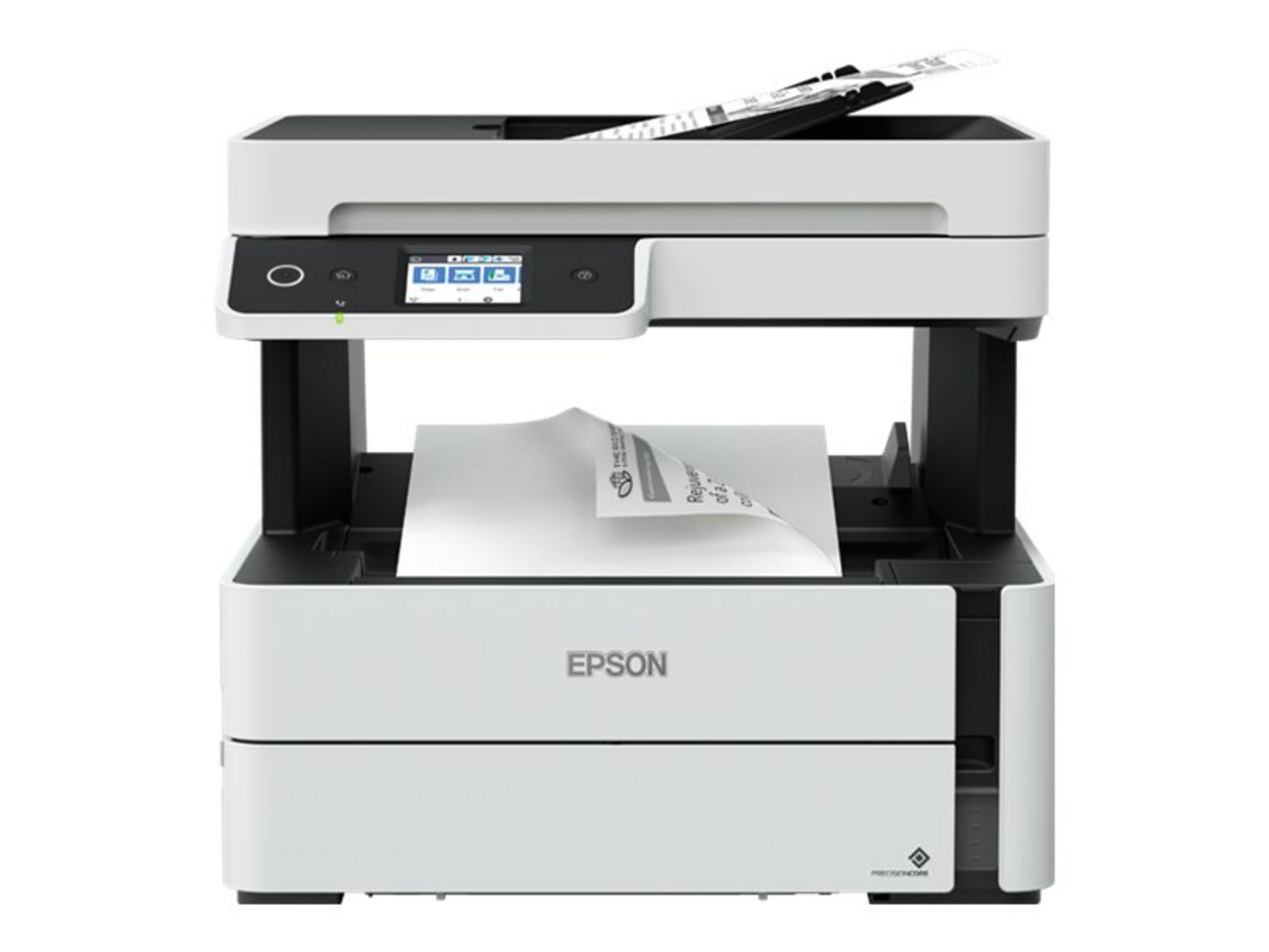 Weiß-schwarzer Epson-Drucker, der ein Blatt Papier einzieht. Moderne Büroausstattung.