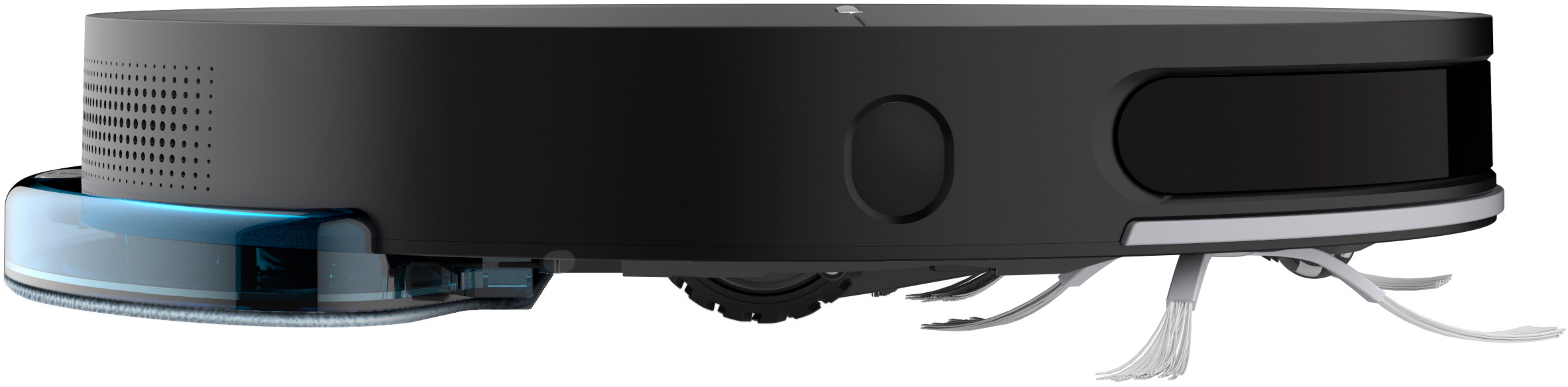 Czarny i szary odkurzacz robota, widok z boku. Ma niebieski zbiornik na wodę i szczotki boczne.