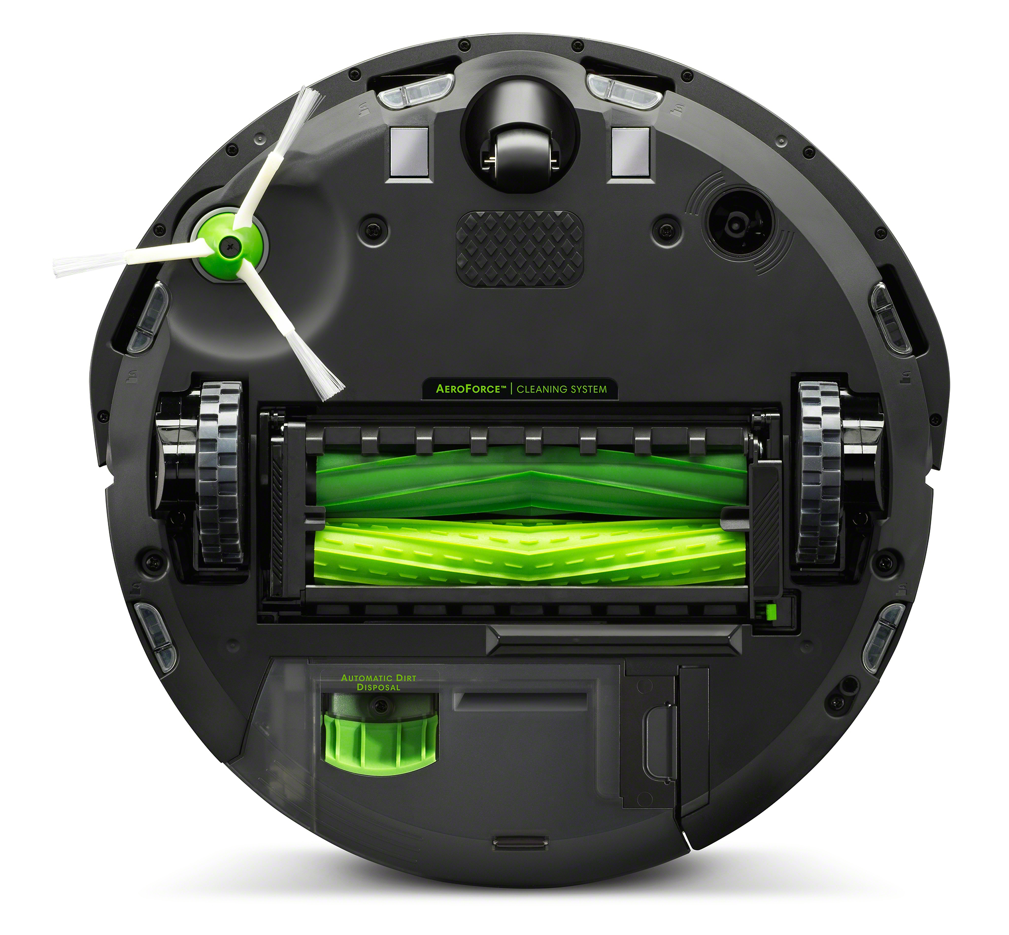 Dessous d'un aspirateur robot noir avec brosses rotatives et roues.
