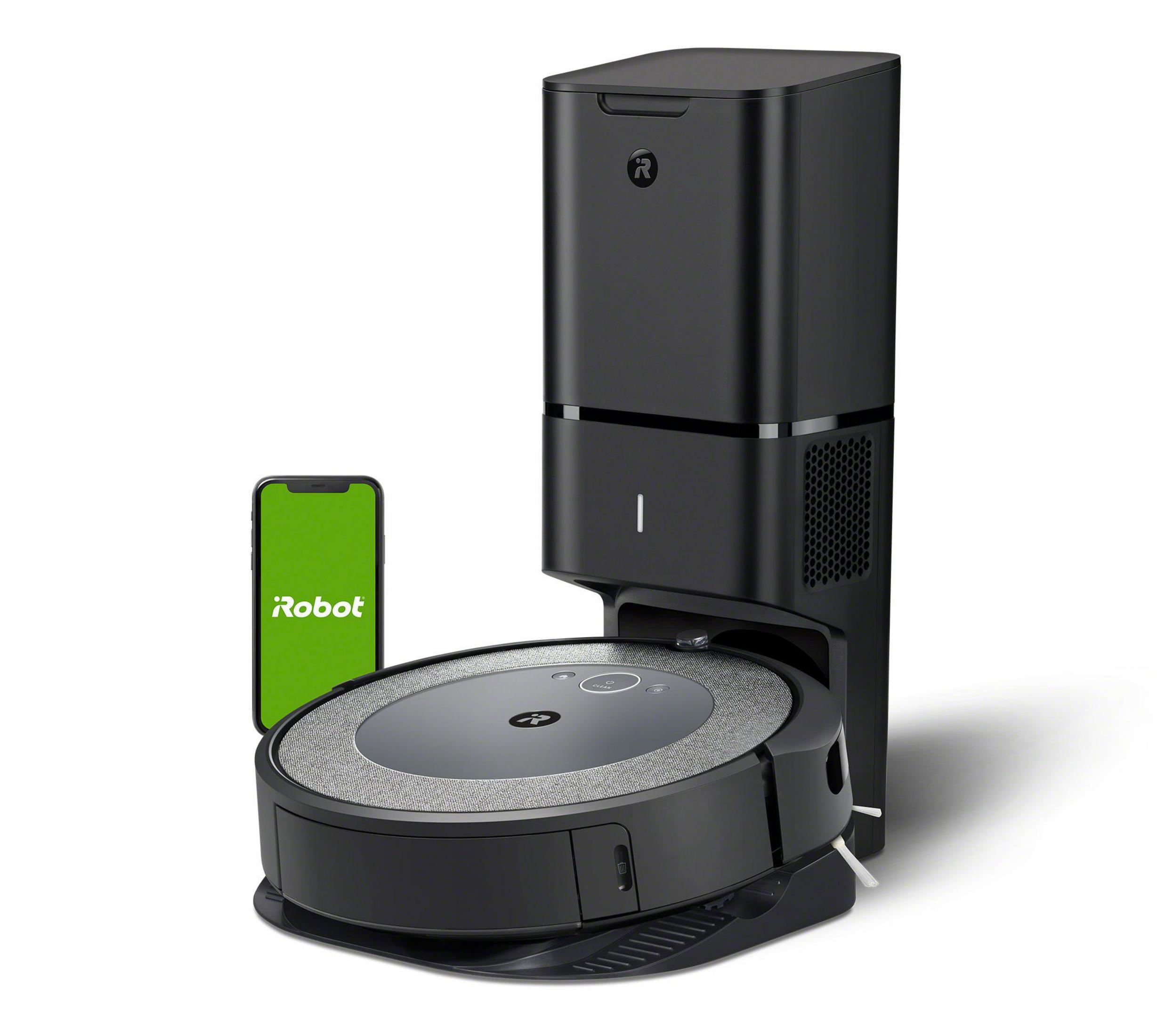 Schwarzer Roboter-Staubsauger, Ladestation und Telefon mit iRobot-Logo.