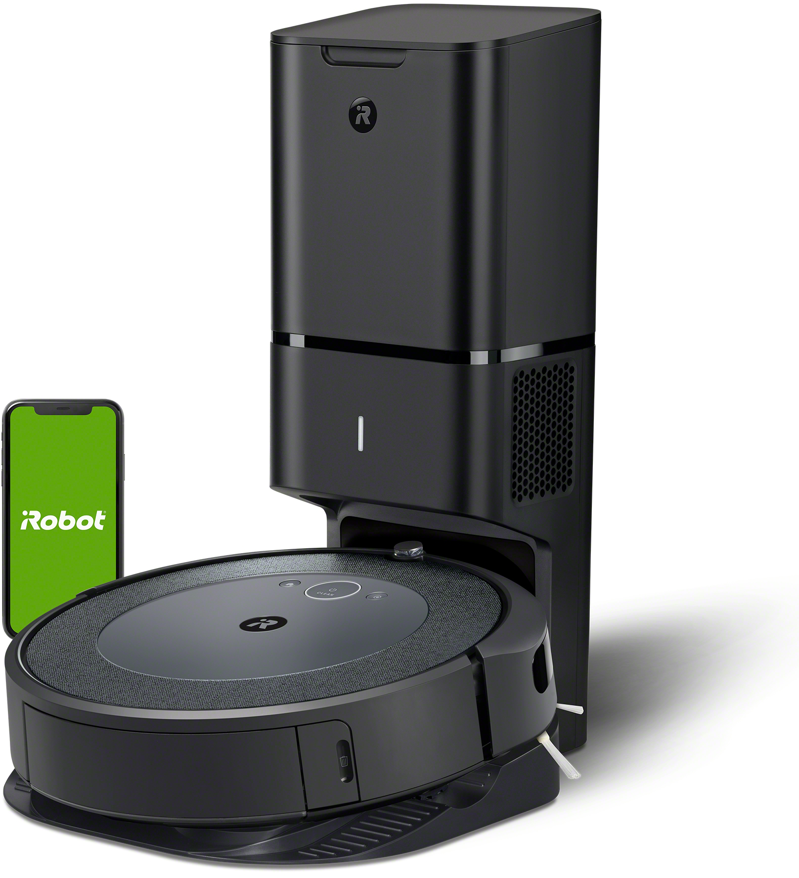 Schwarzer Roboter-Staubsauger mit Ladestation und Telefon.