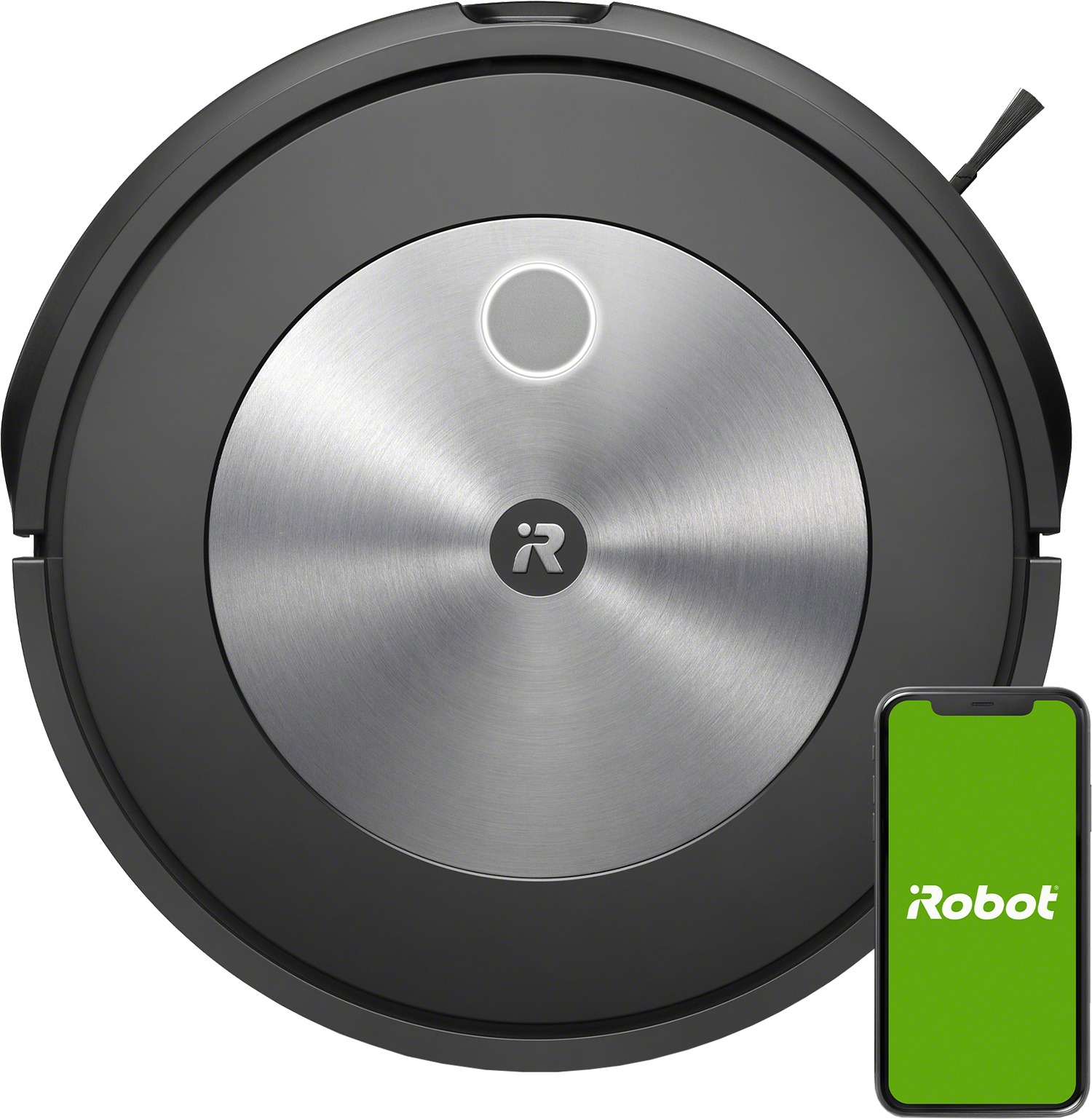 Schwarzer iRobot Staubsauger und ein Smartphone mit der iRobot App, auf schwarzem Grund.