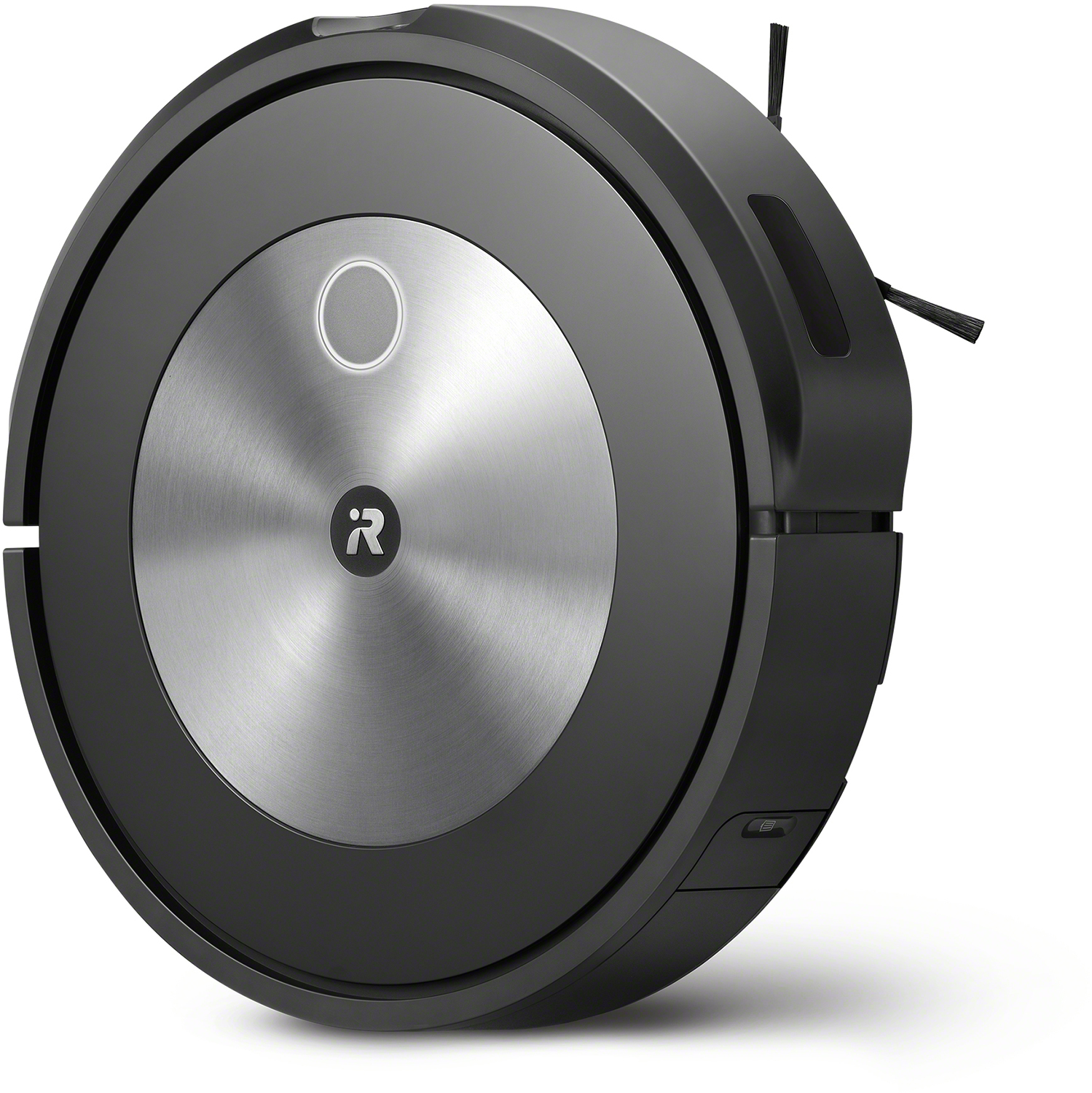 Ein schwarzer Roomba Roboter-Staubsauger mit einem silbernen Mittelknopf und zwei Bürsten an der Seite.