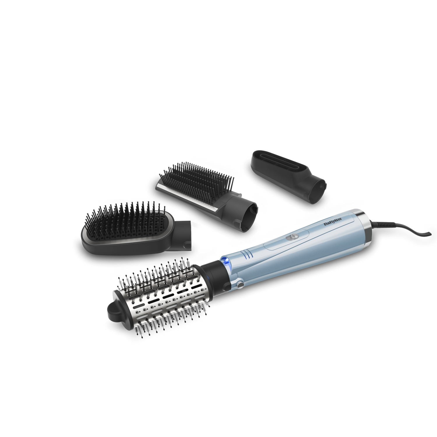 Narzędzia do stylizacji włosów z kilkoma nasadkami. Główne narzędzie jest niebieskie. Tło jest ciemne.