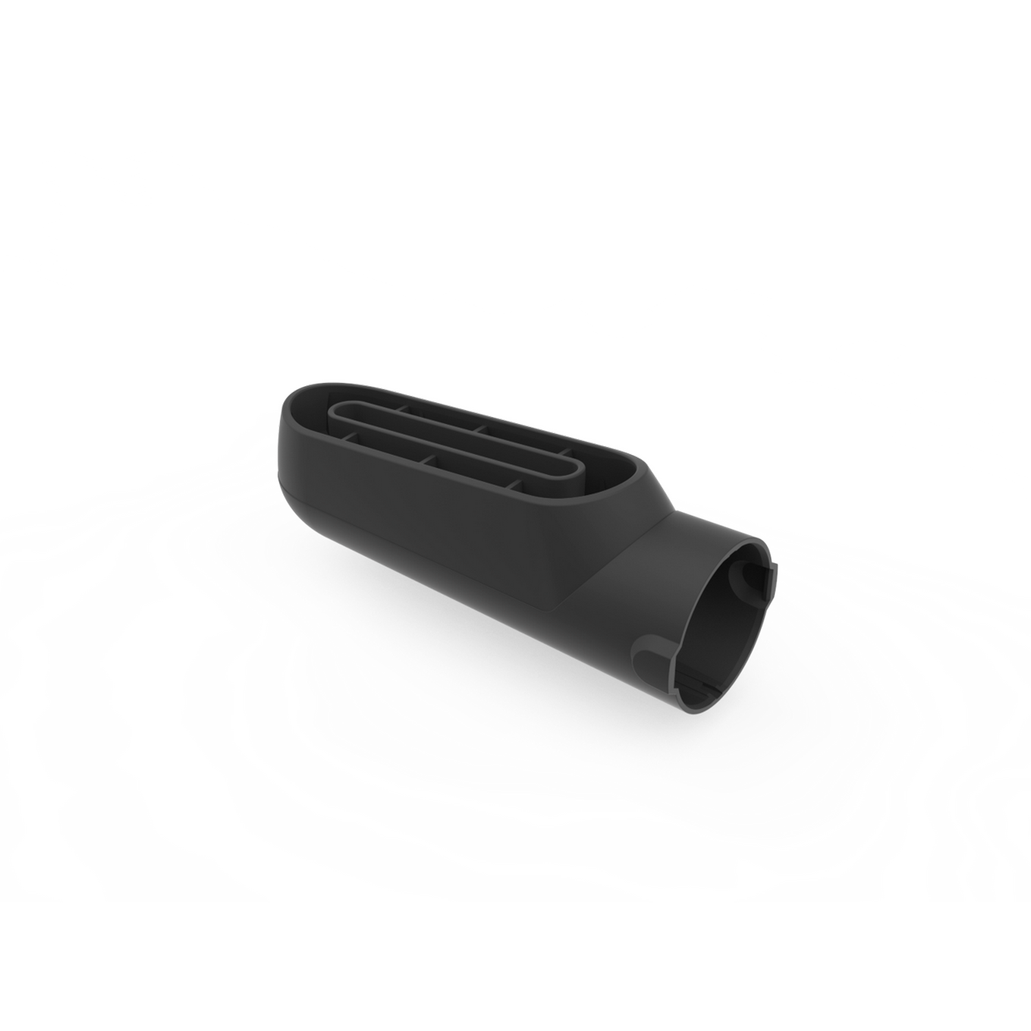 Czarna plastikowa część na białym tle, z zakrzywionym wzorem i wieloma otworami.