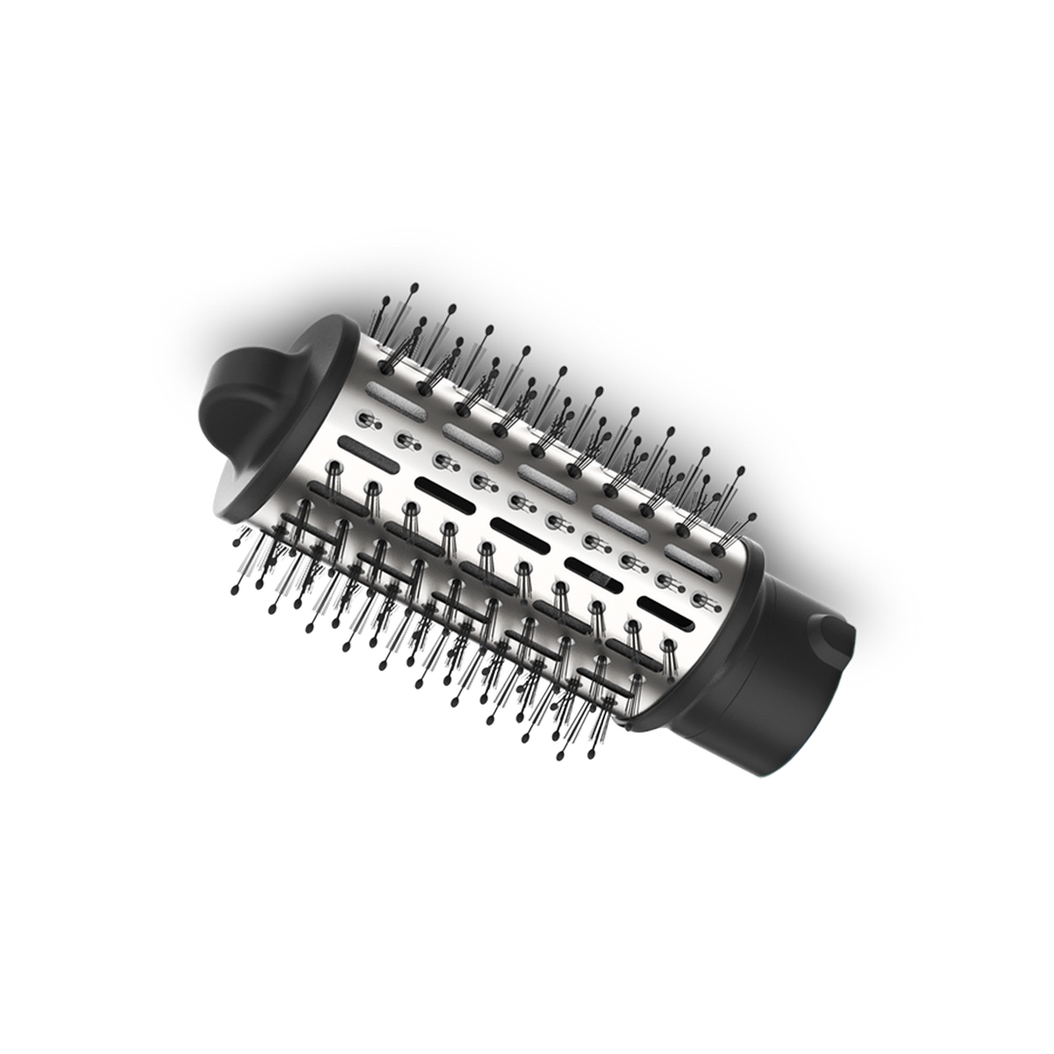 Szczotka do stylizacji włosów z metalowym włosiem na czarnym tle.