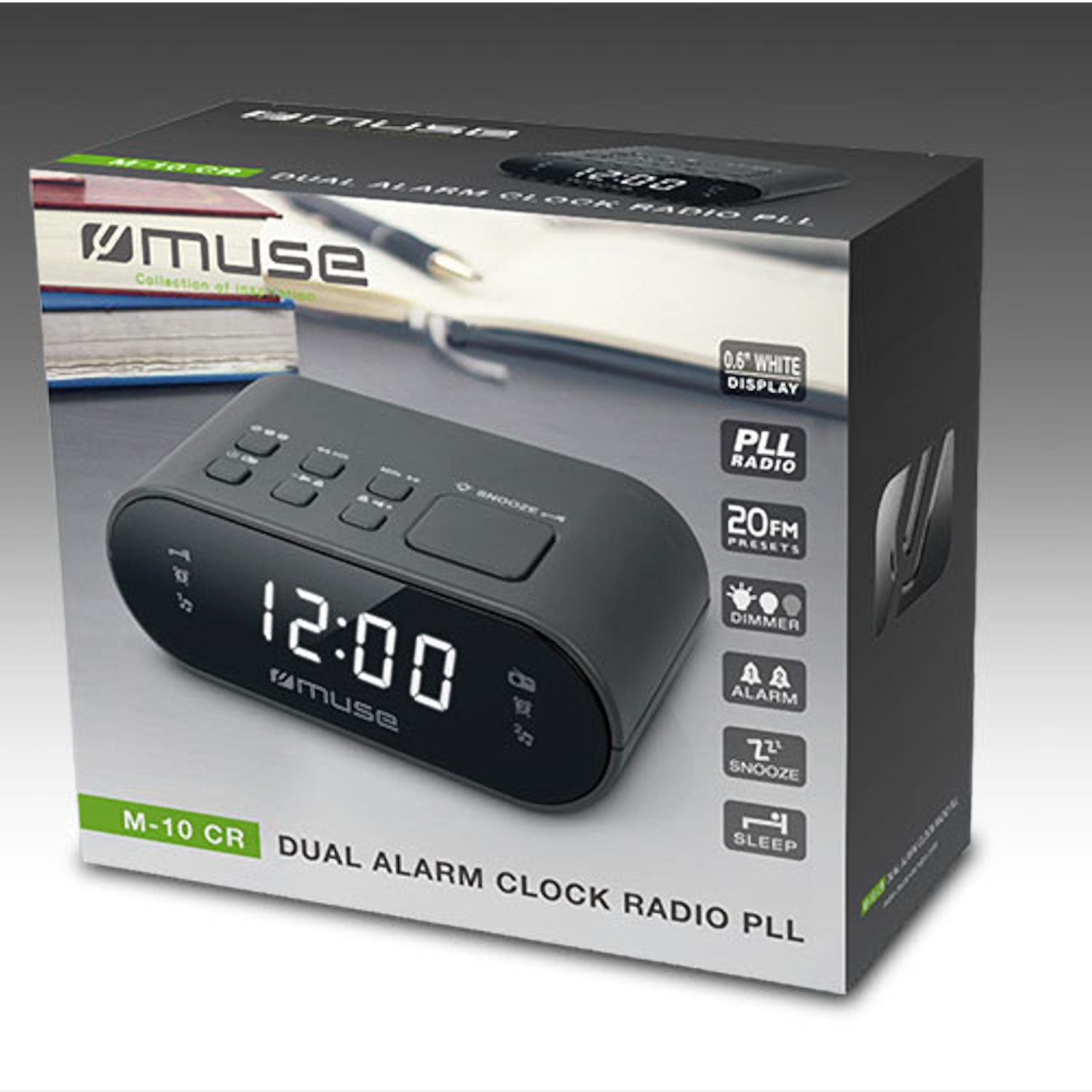 Radiobudzik Muse dual. Wyświetlacz cyfrowy, czarny kolor, w pudełku.