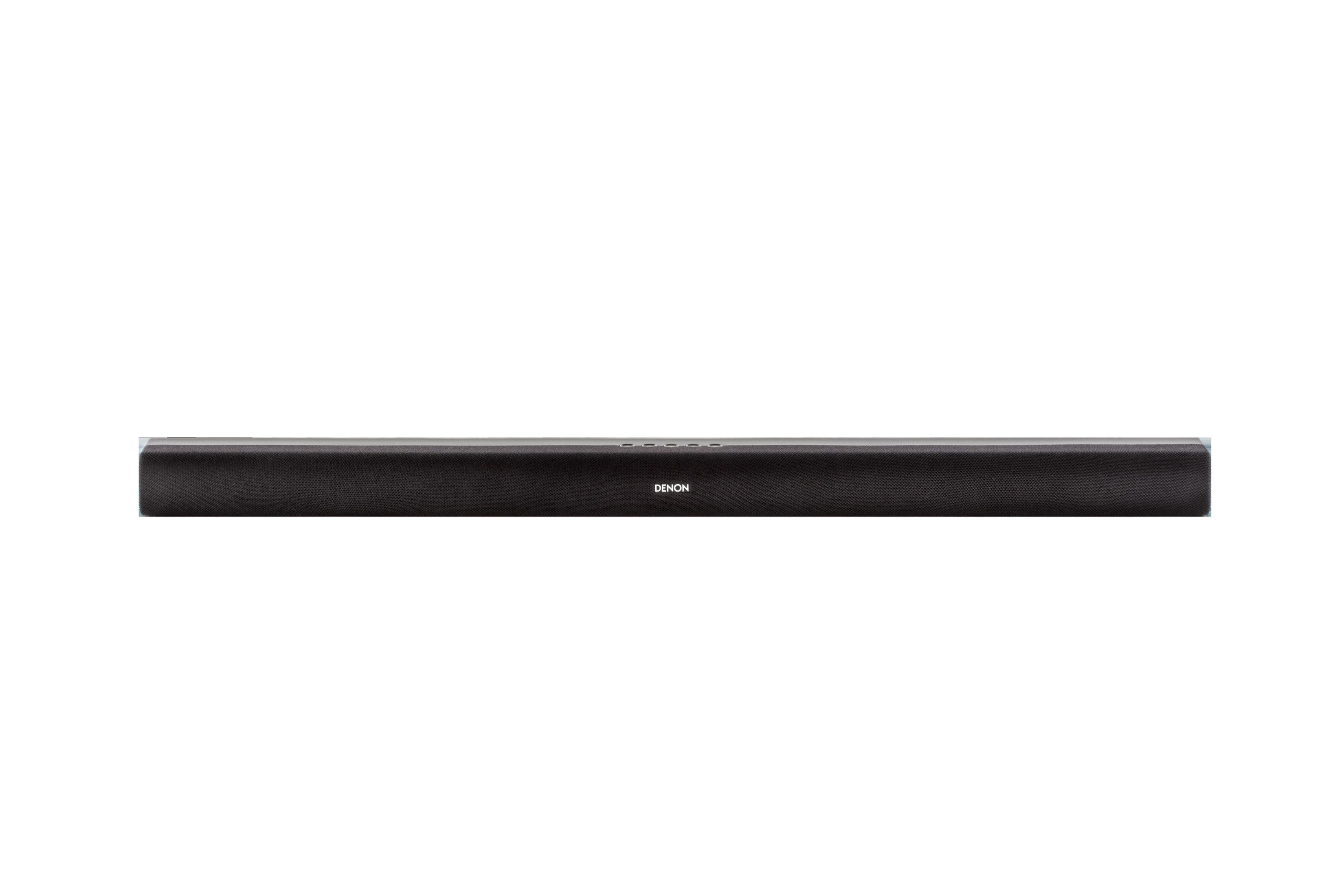 Eine schwarze Soundbar mit dem Wort 'Denon', vor weißem Hintergrund.