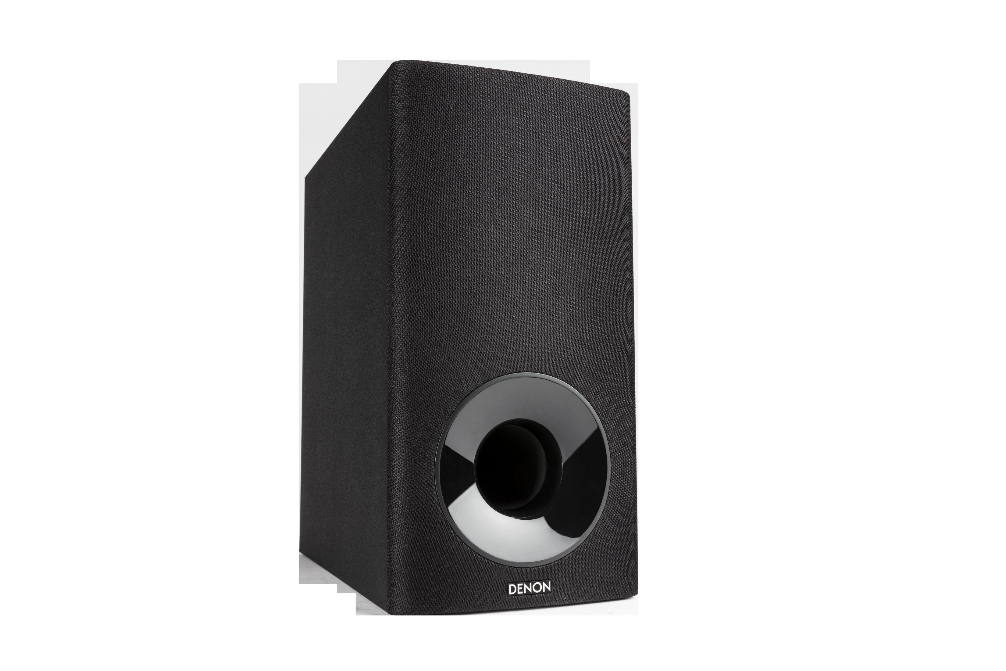 Schwarzer Subwoofer-Lautsprecher mit zentraler kreisförmiger Öffnung. Rechteckige Form.