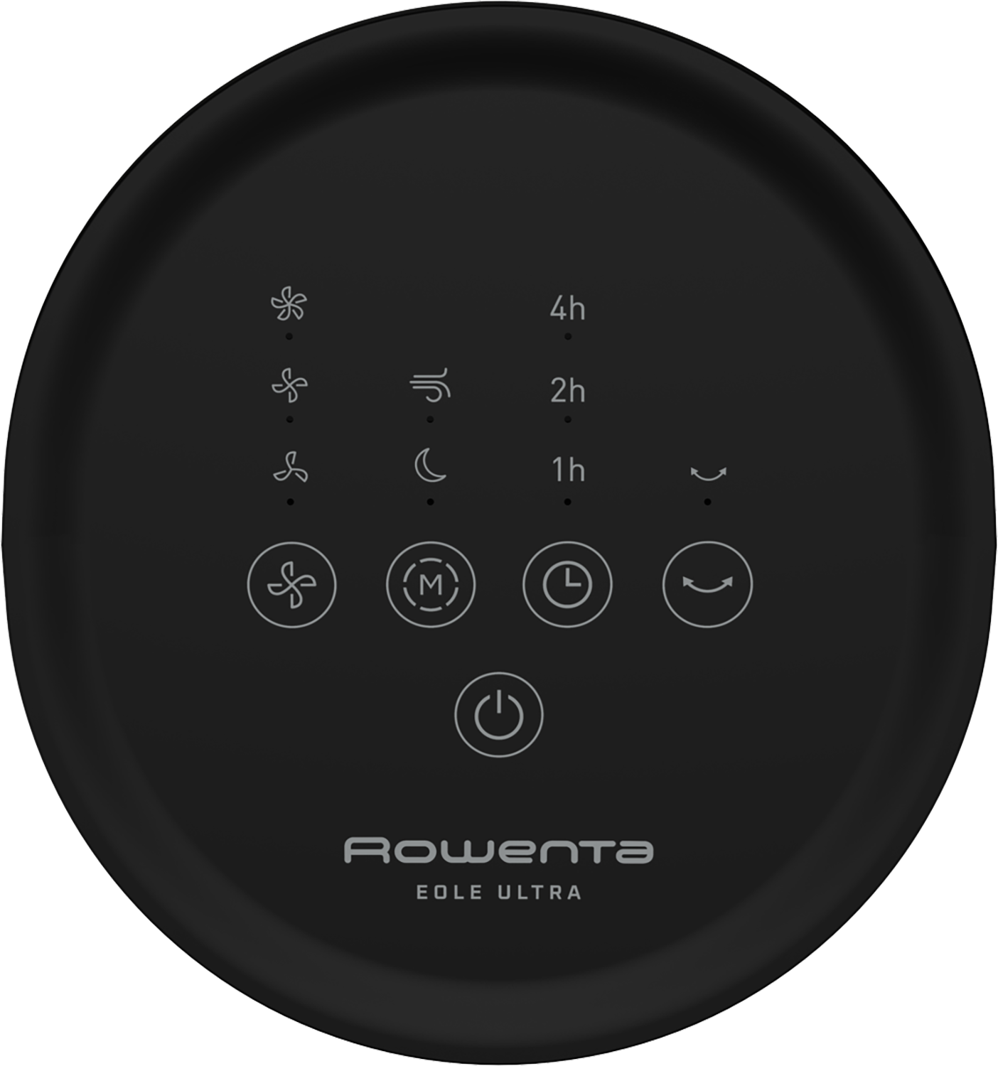 Czarny panel sterowania z ikonami wentylatora, w tym włącznik/wyłącznik, prędkość, timer i tryby.