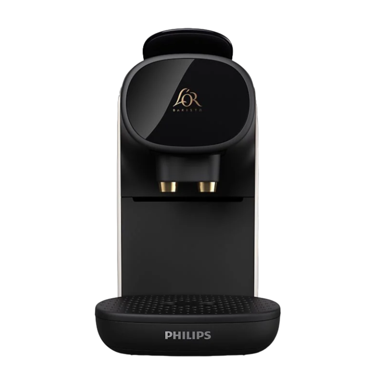 A black and white Philips L'OR Barista coffee machine. The machine is on a black background.