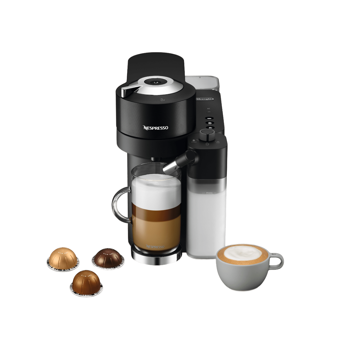 Máquina Nespresso negra con espumador de leche. Café en vaso y taza, cápsulas.