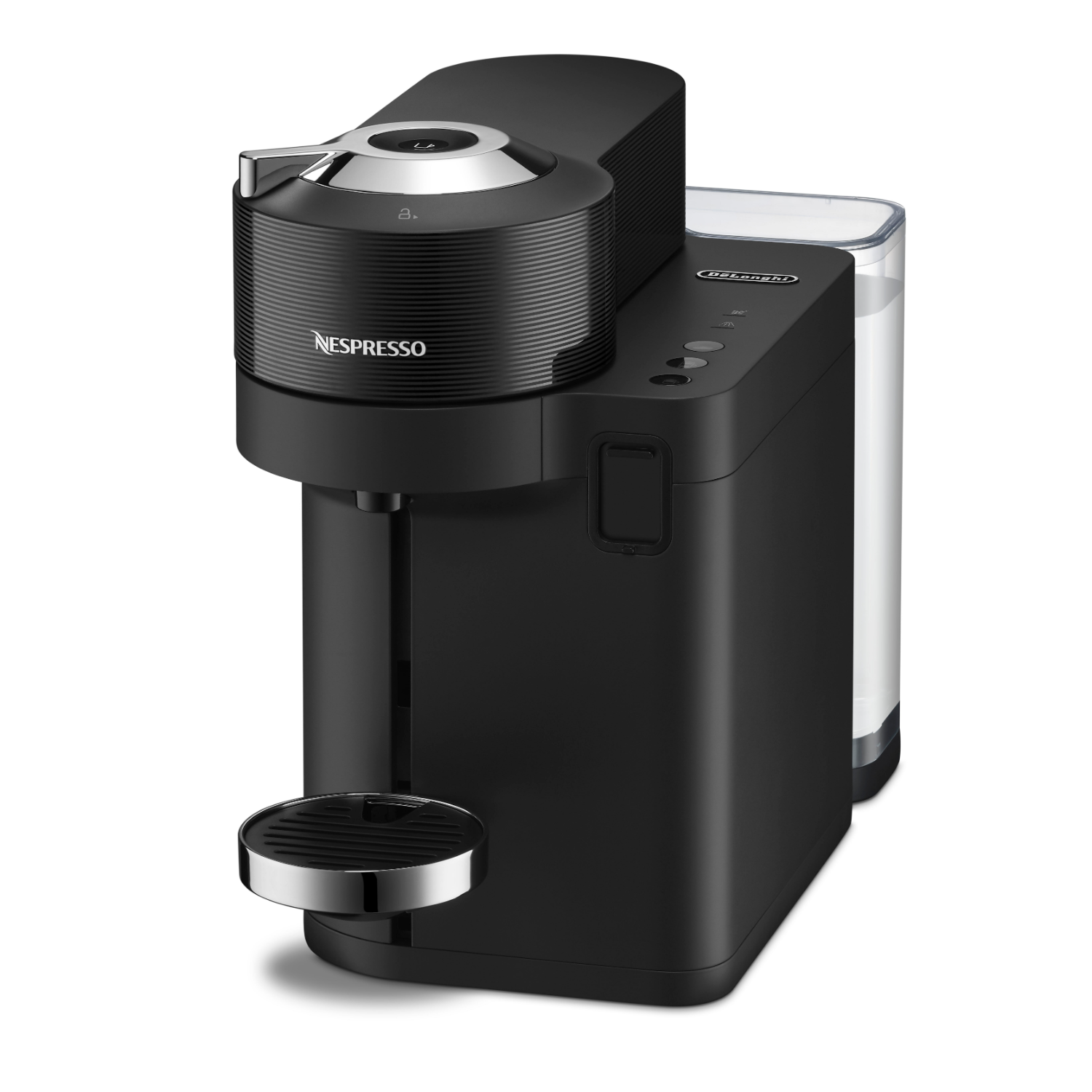 Cafetera Nespresso negra. Depósito de agua a la derecha, con el logo de Nespresso.