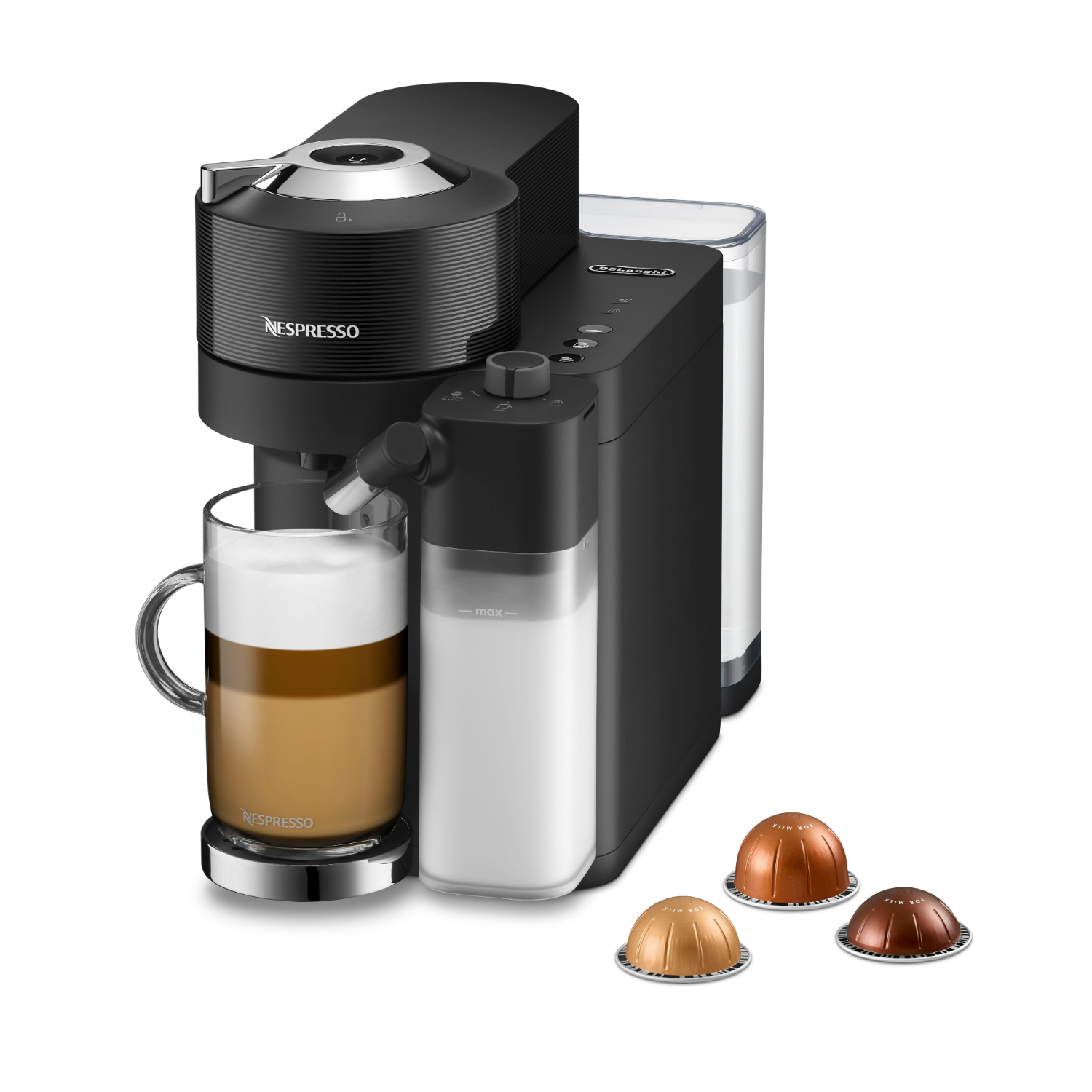 Cafetera Nespresso negra con espumador de leche y tres cápsulas de café.