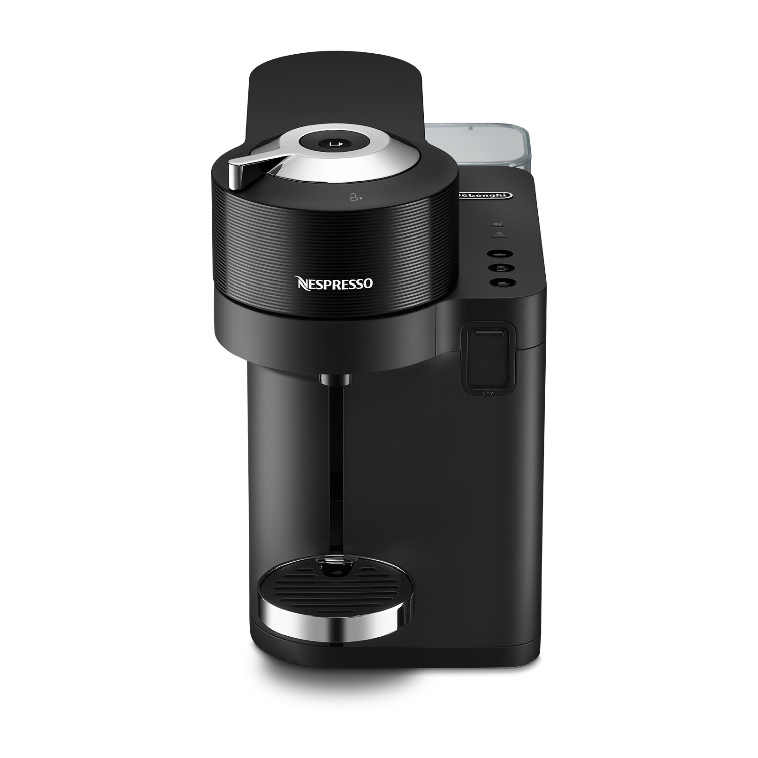 Cafetera Nespresso negra. Diseño moderno con cuerpo cilíndrico y detalles cromados. Botones en el lateral.
