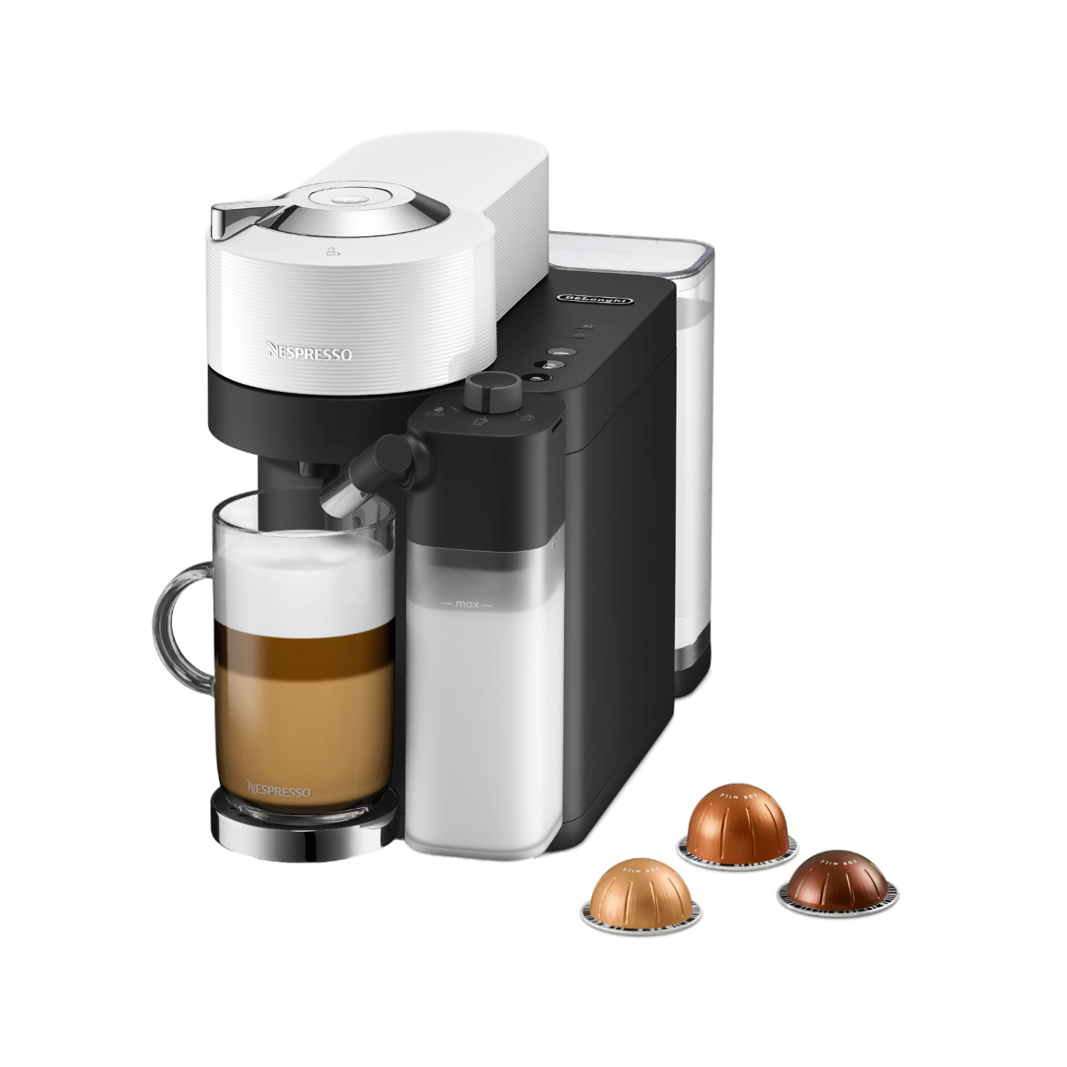 Nespresso-Kaffeemaschine mit einer Tasse Kaffee und Kaffeekapseln auf schwarzem Hintergrund.