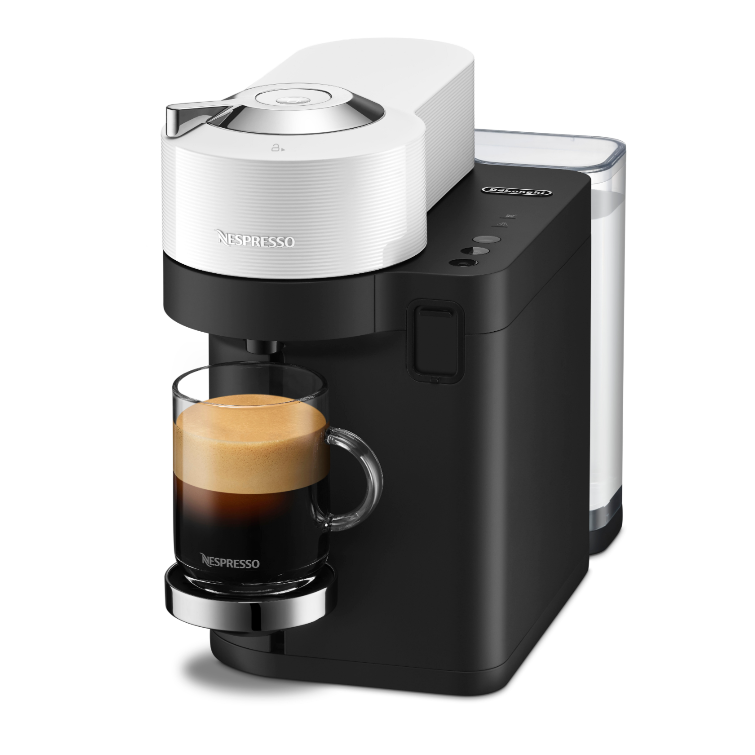 Nespresso-Kaffeemaschine mit einer Tasse Kaffee. Schwarz-weißes Design.