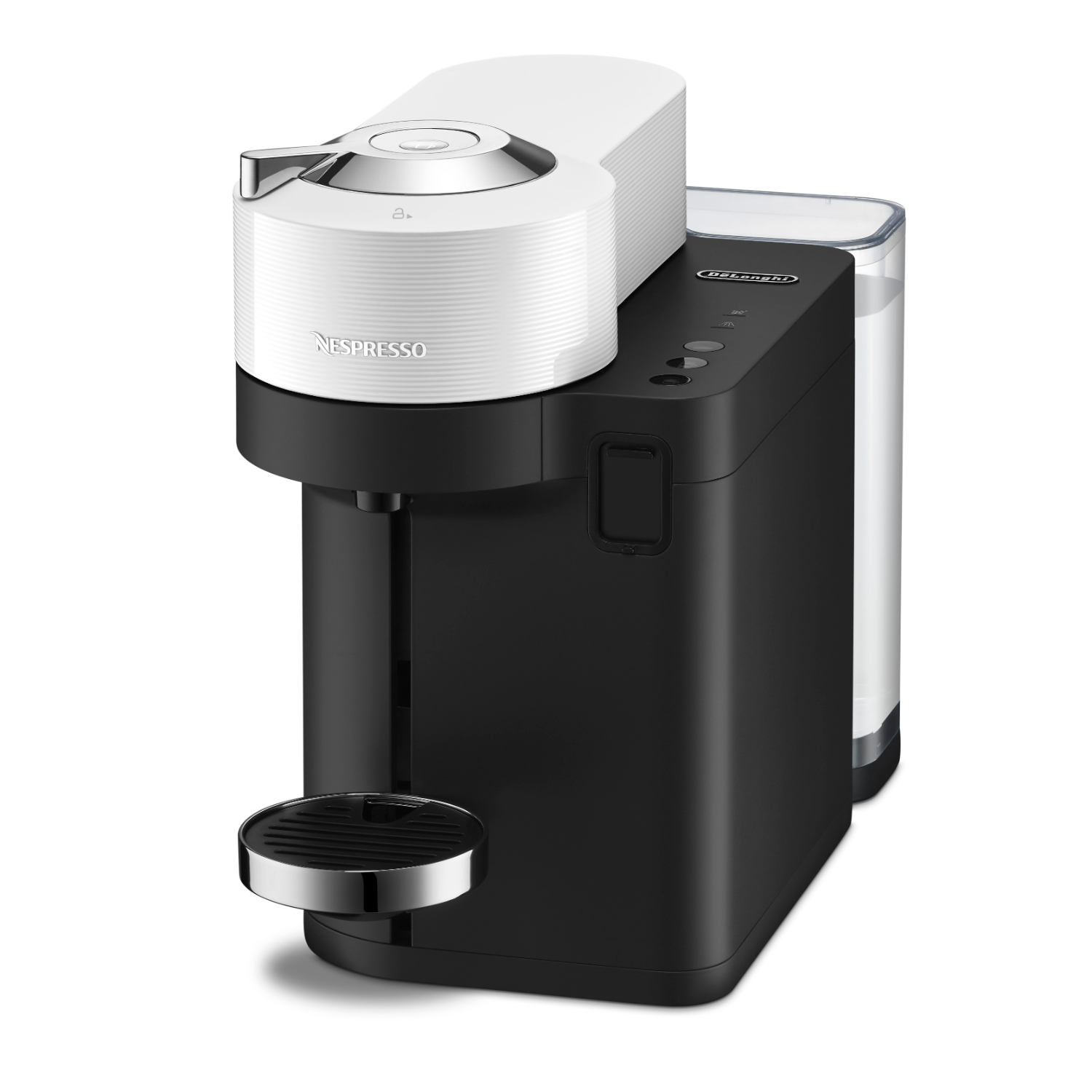 Nespresso-Kaffeemaschine. Schwarze Basis, weißes Oberteil.