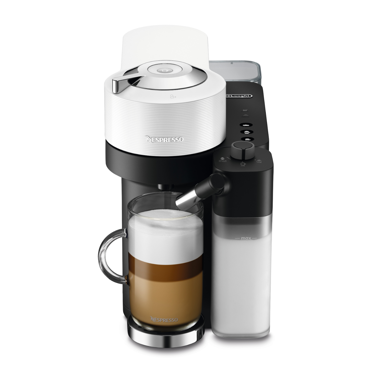 Weiße Nespresso-Maschine mit Milchaufschäumer und einer Tasse Kaffee.
