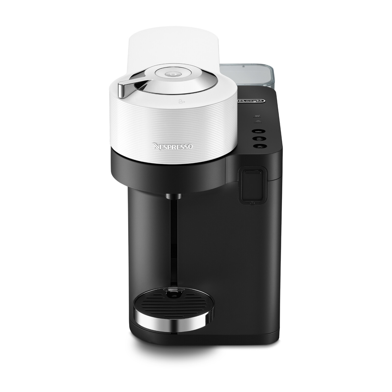 Eine schwarz-weiße Nespresso-Kaffeemaschine mit minimalistischem Design, isoliert auf Weiß.