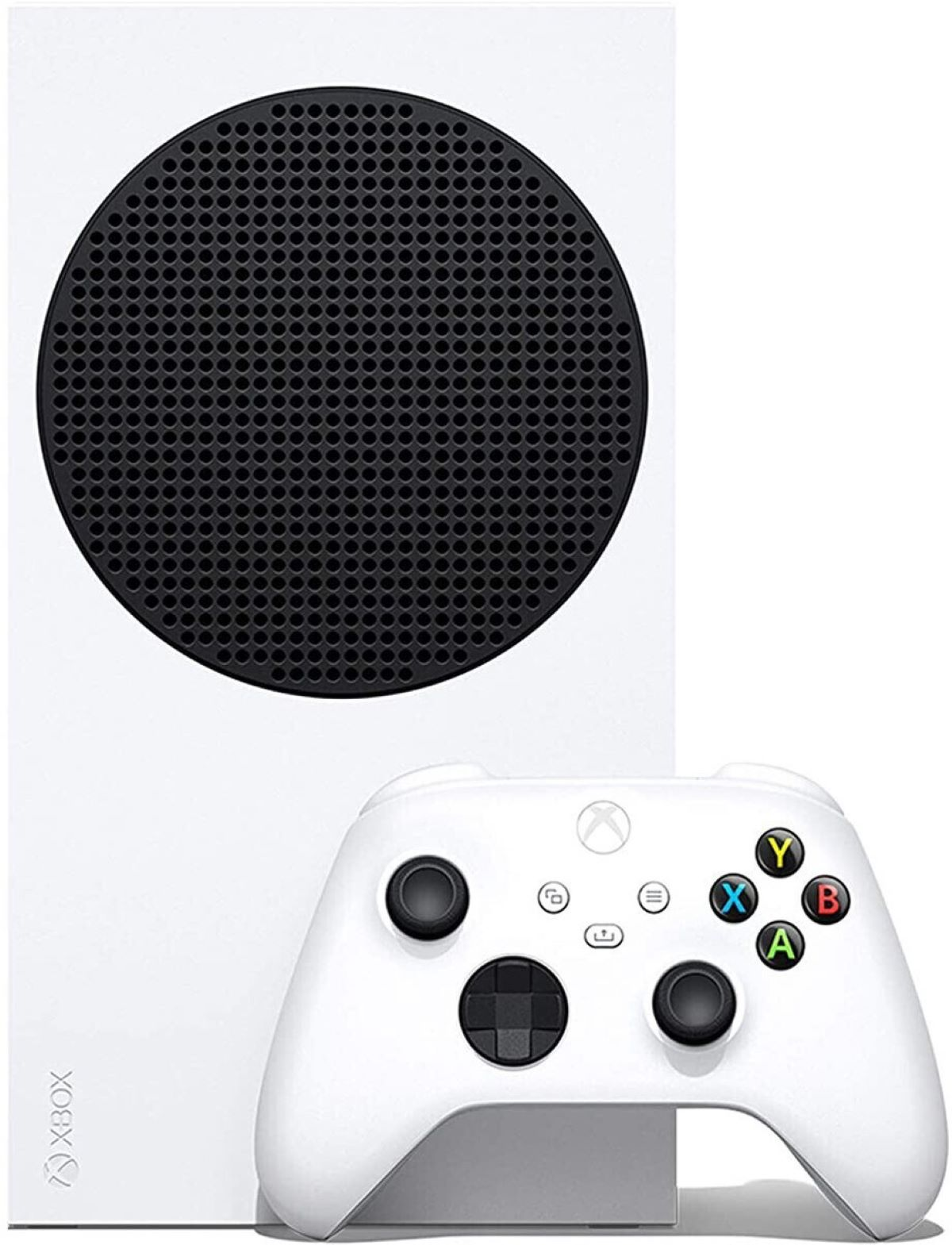 Weiße Xbox Series S Konsole und weißer Xbox Controller. Schwarzes rundes Lüftungsgitter.