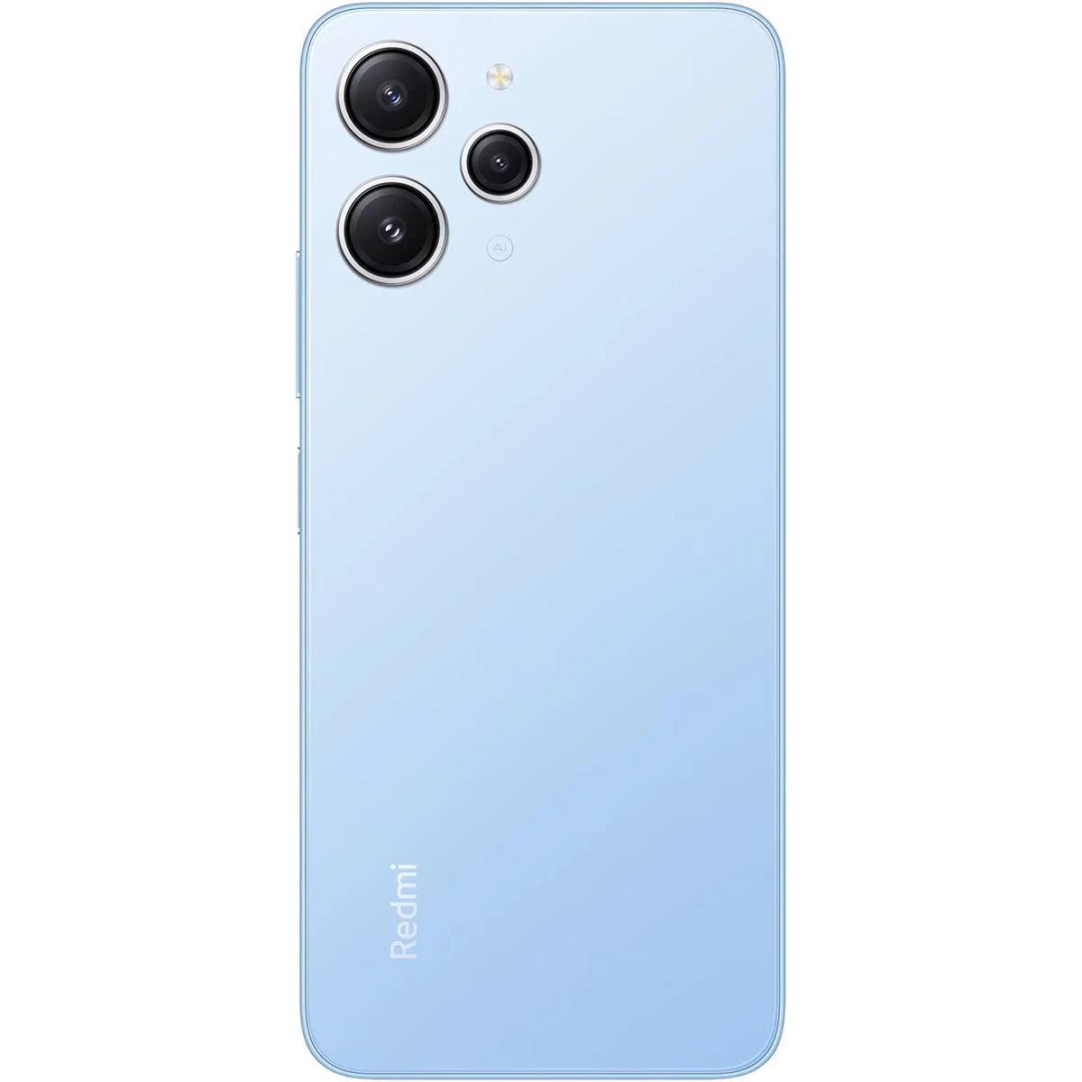 Hellblaues Smartphone mit drei Kameras, Blitz und der Marke 'Redmi'.