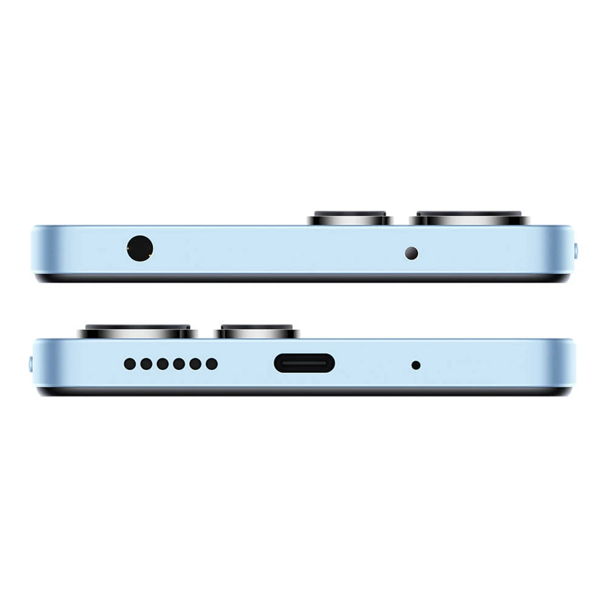 Zwei Seitenansichten eines hellblauen Smartphones. Zeigt Anschlüsse, Tasten und Kameralinsen.