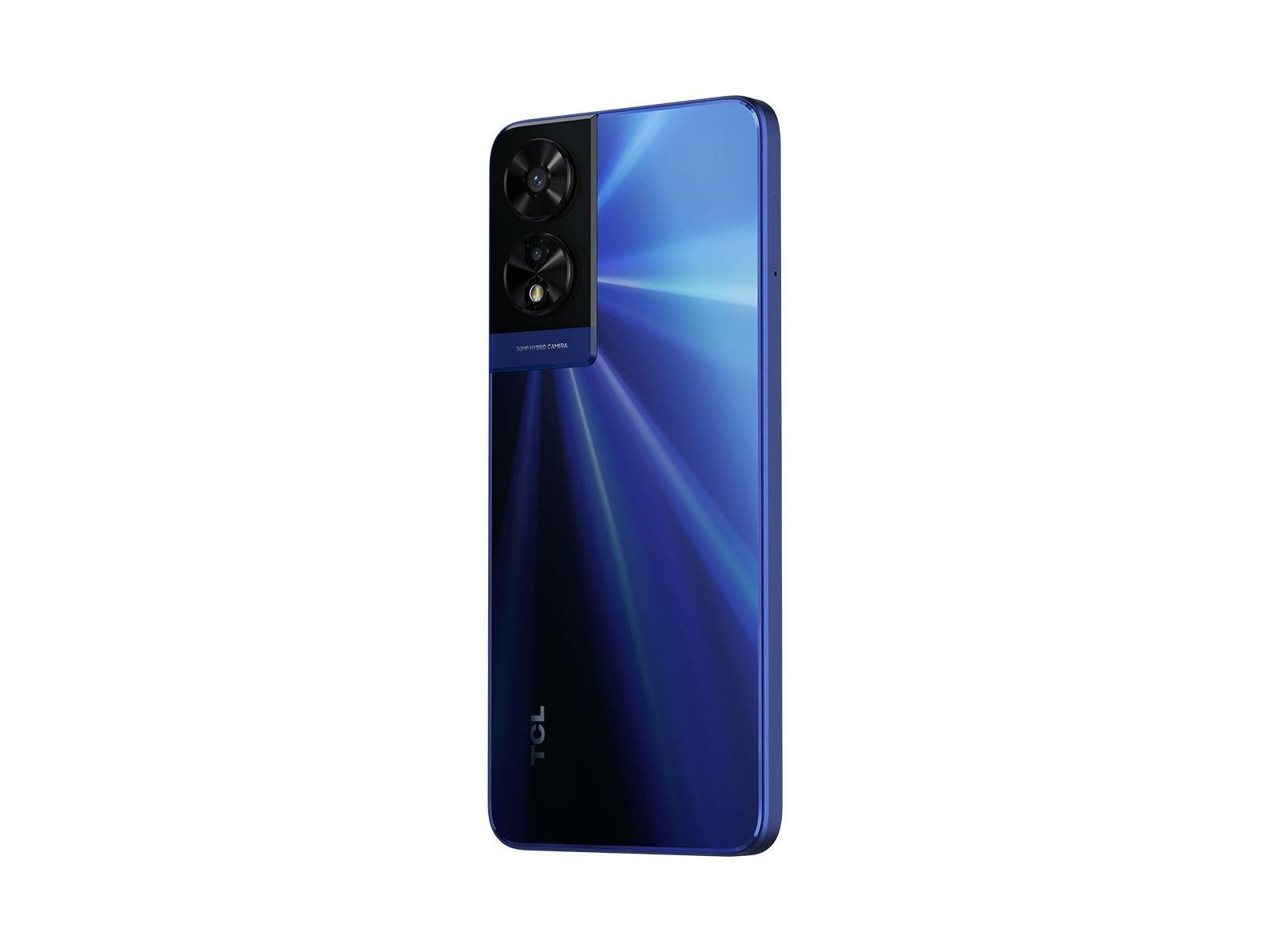 Smartphone blu su sfondo bianco. Due fotocamere in alto a sinistra. Logo 'TCL' in basso.