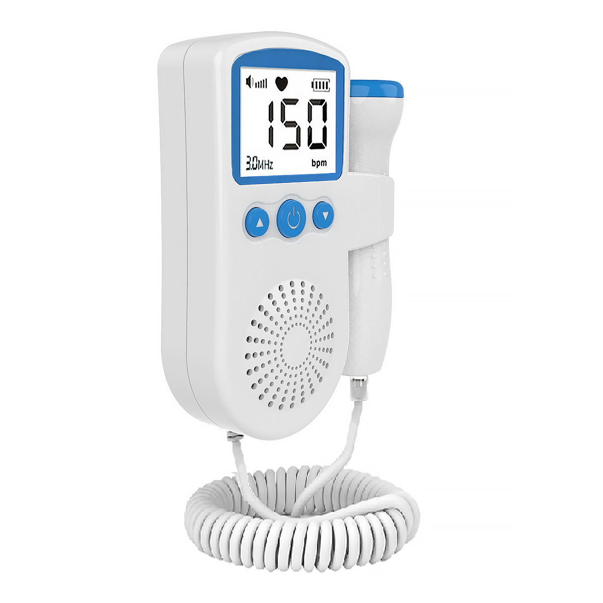 Ein fetaler Doppler mit einer Herzfrequenz von 150 bpm, mit blauem Display.