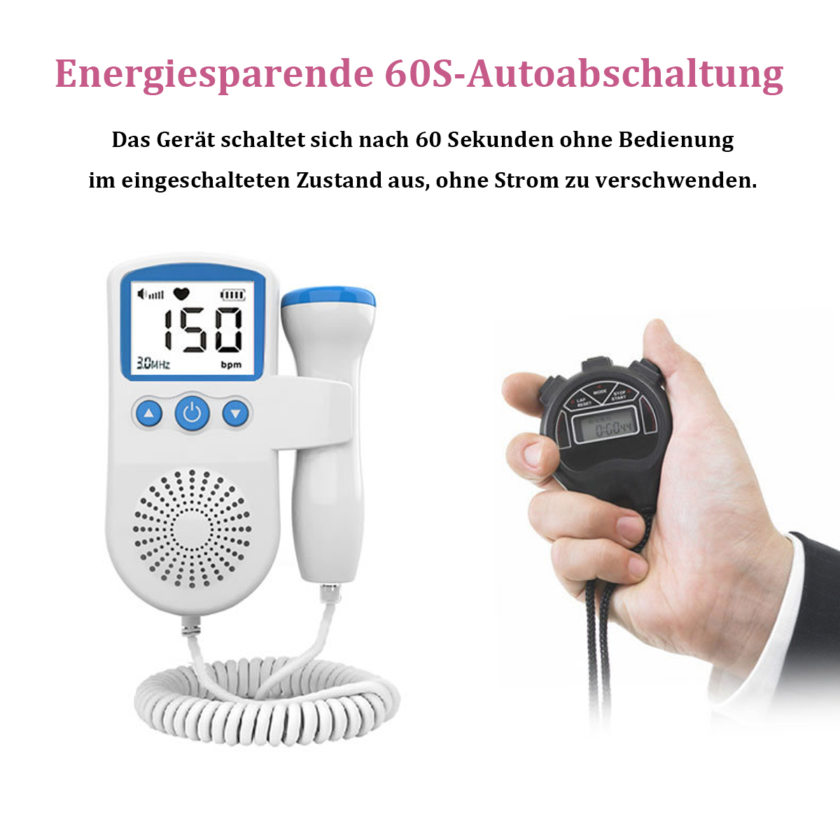 Ein Gerät mit Bildschirm und eine Stoppuhr, neben einer Hand, die die Stoppuhr hält.